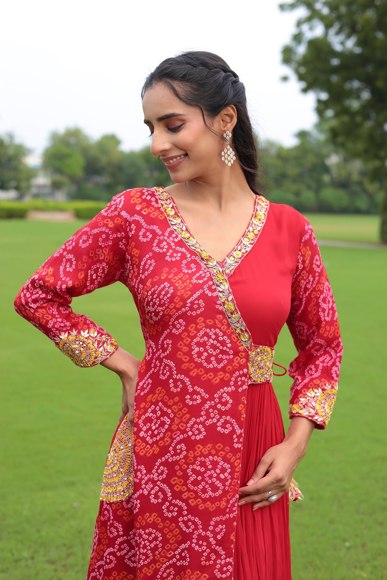 Traditional Bandhej Georgette Anarkali Suit with Gota Patti, Zardozi & Thread Embroidery