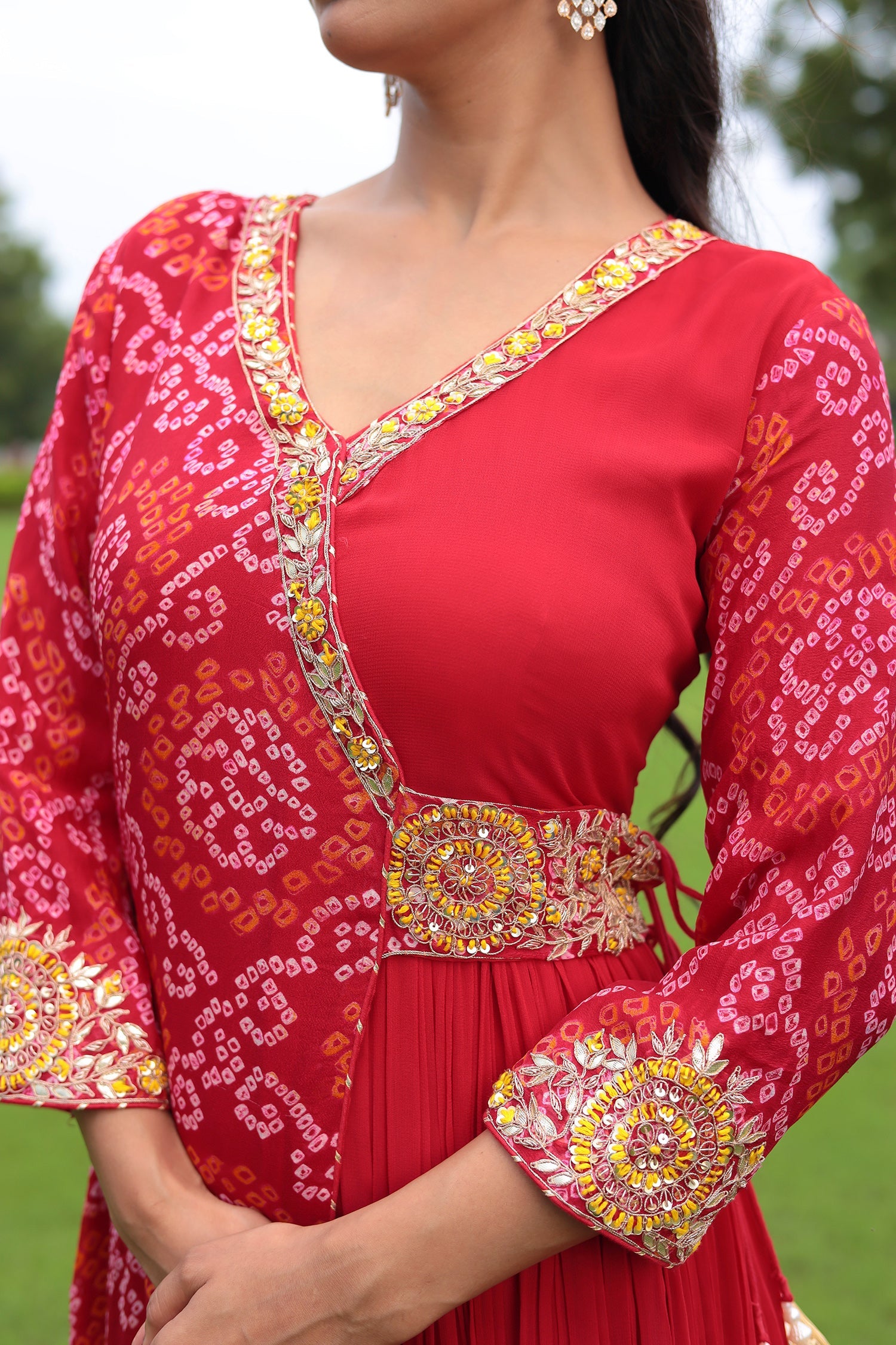 Traditional Bandhej Georgette Anarkali Suit with Gota Patti, Zardozi & Thread Embroidery