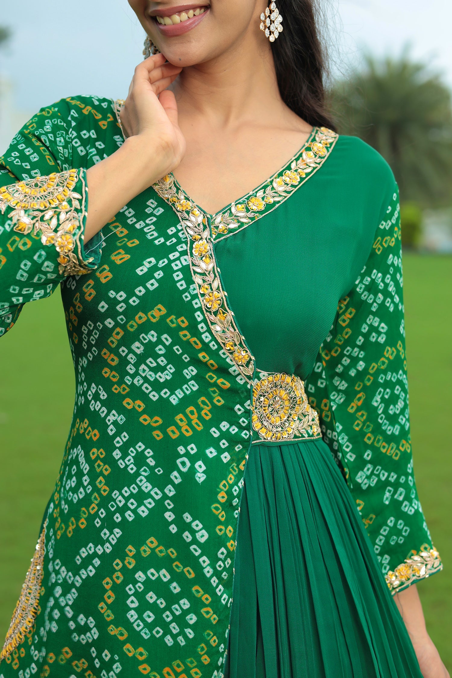 Traditional Bandhej Georgette Anarkali Suit with Gota Patti, Zardozi & Thread Embroidery