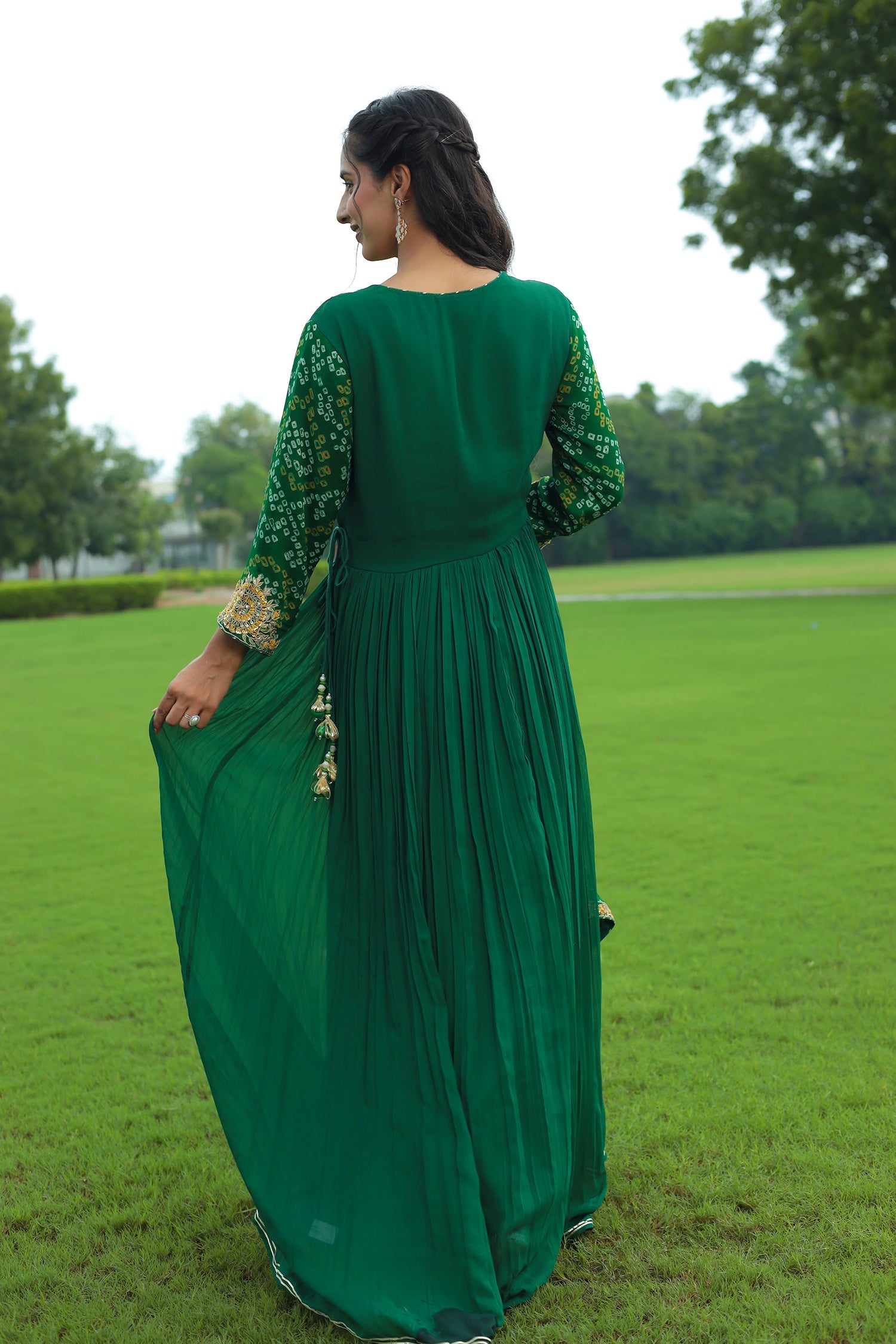 Traditional Bandhej Georgette Anarkali Suit with Gota Patti, Zardozi & Thread Embroidery