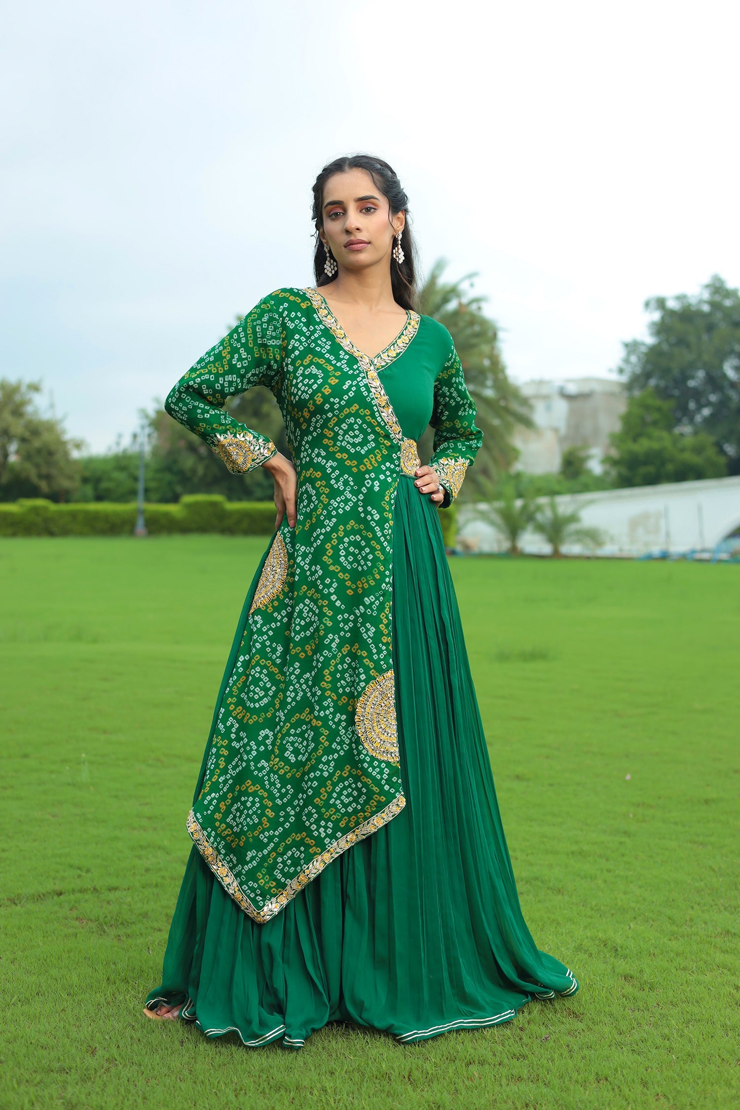 Traditional Bandhej Georgette Anarkali Suit with Gota Patti, Zardozi & Thread Embroidery