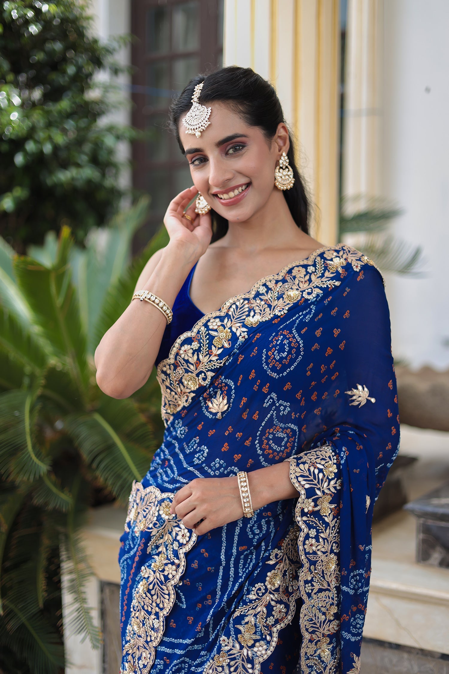 Traditional Bandhej Georgette Saree with Intricate Thread, Gota Patti & Zardozi Detailing