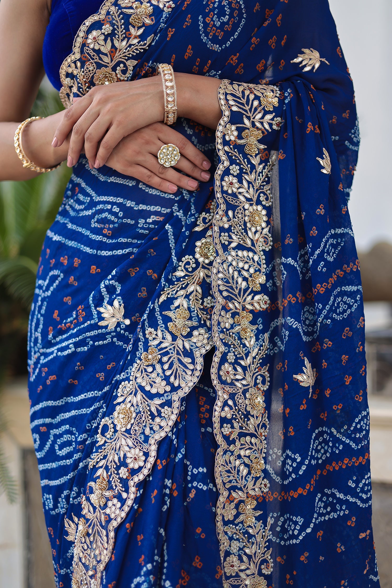 Traditional Bandhej Georgette Saree with Intricate Thread, Gota Patti & Zardozi Detailing