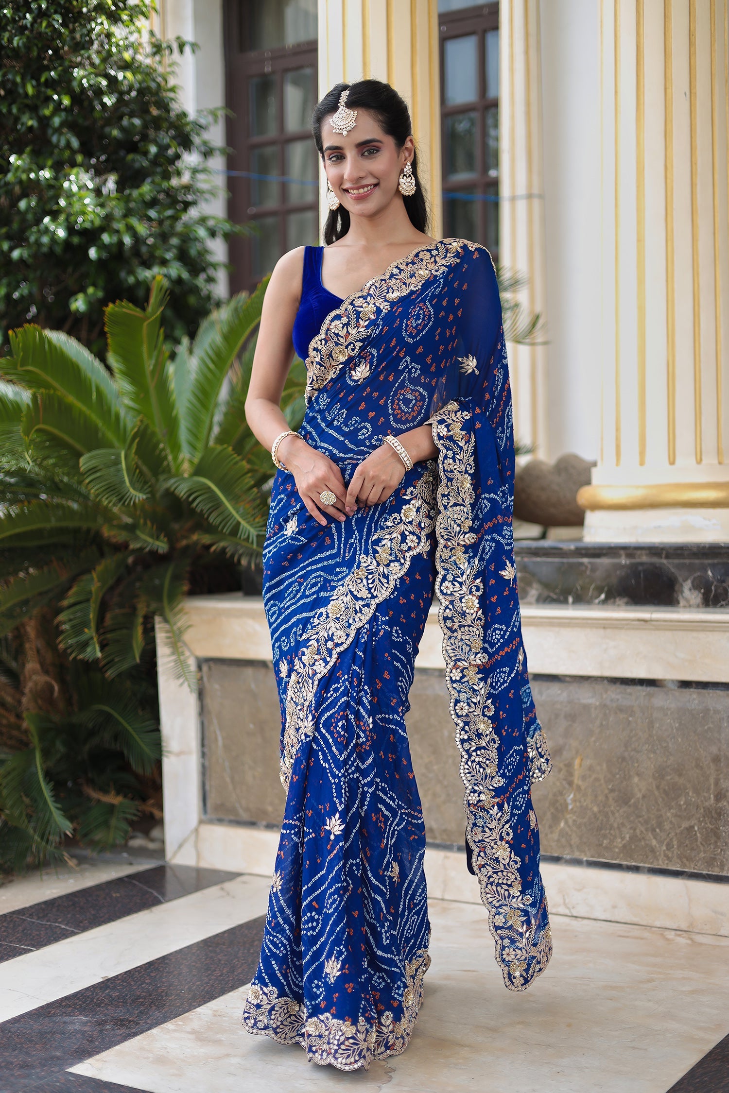 Traditional Bandhej Georgette Saree with Intricate Thread, Gota Patti & Zardozi Detailing
