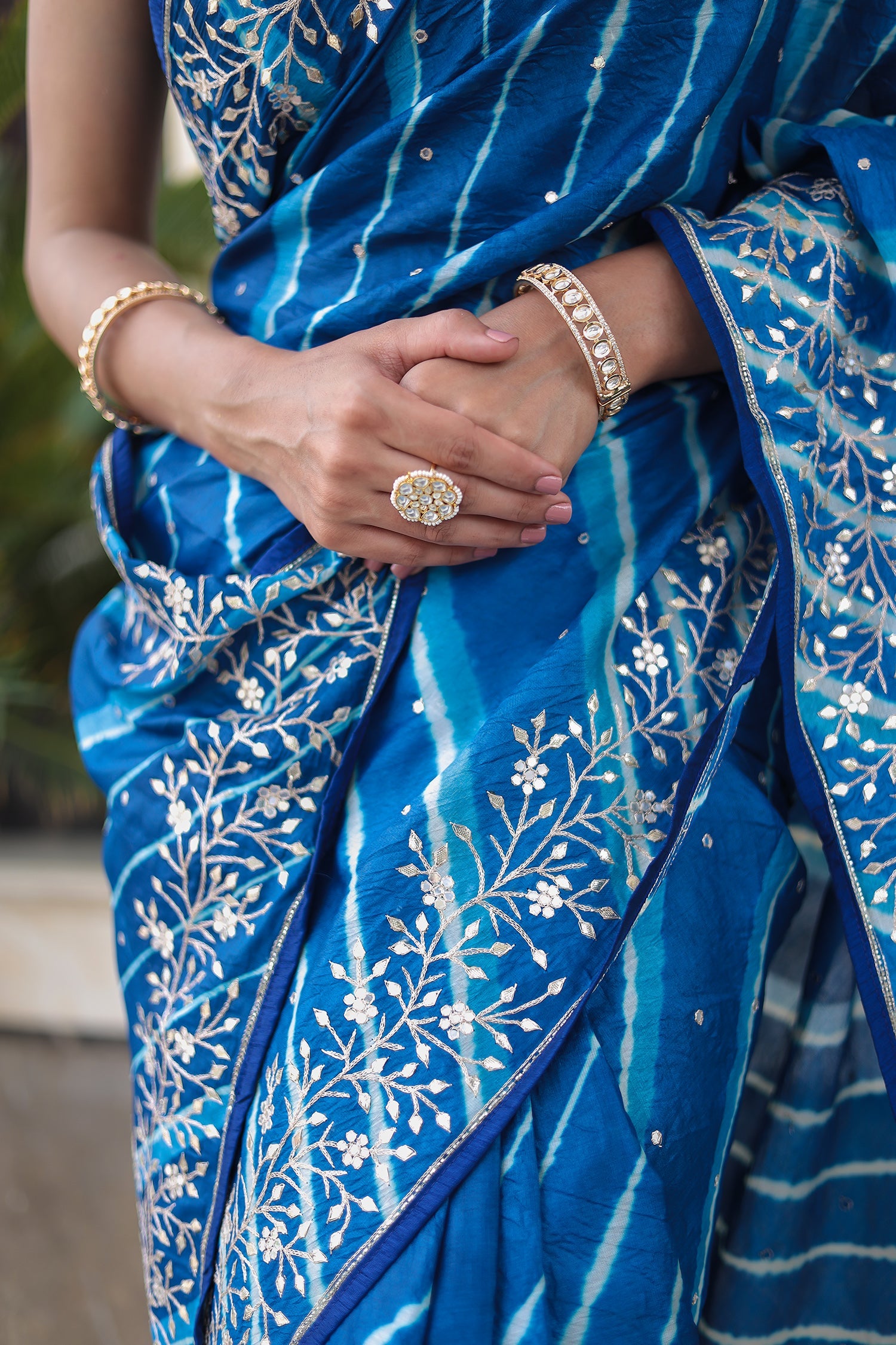 Leheriya Tussar Silk Saree with Aari & Gota Embroidery