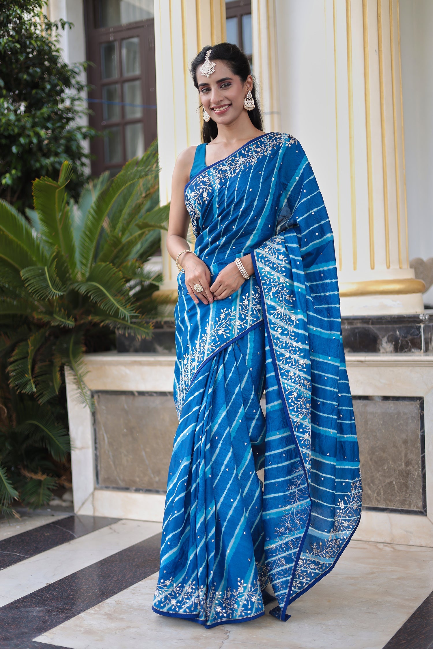 Leheriya Tussar Silk Saree with Aari & Gota Embroidery