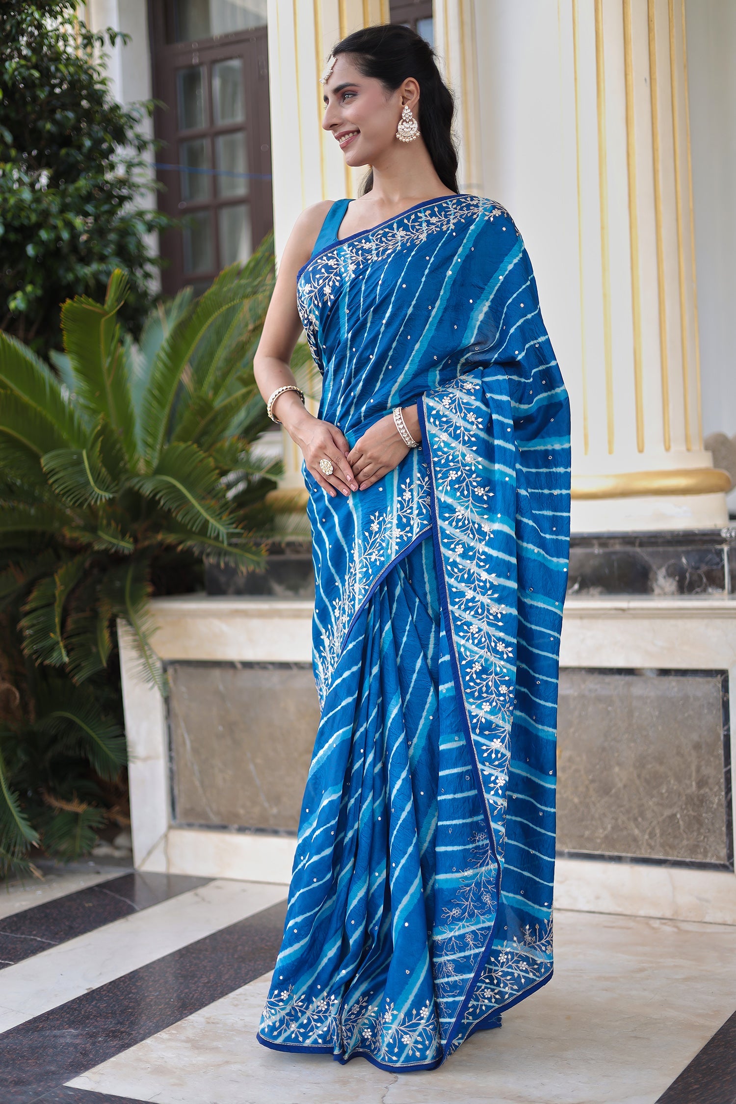 Leheriya Tussar Silk Saree with Aari & Gota Embroidery