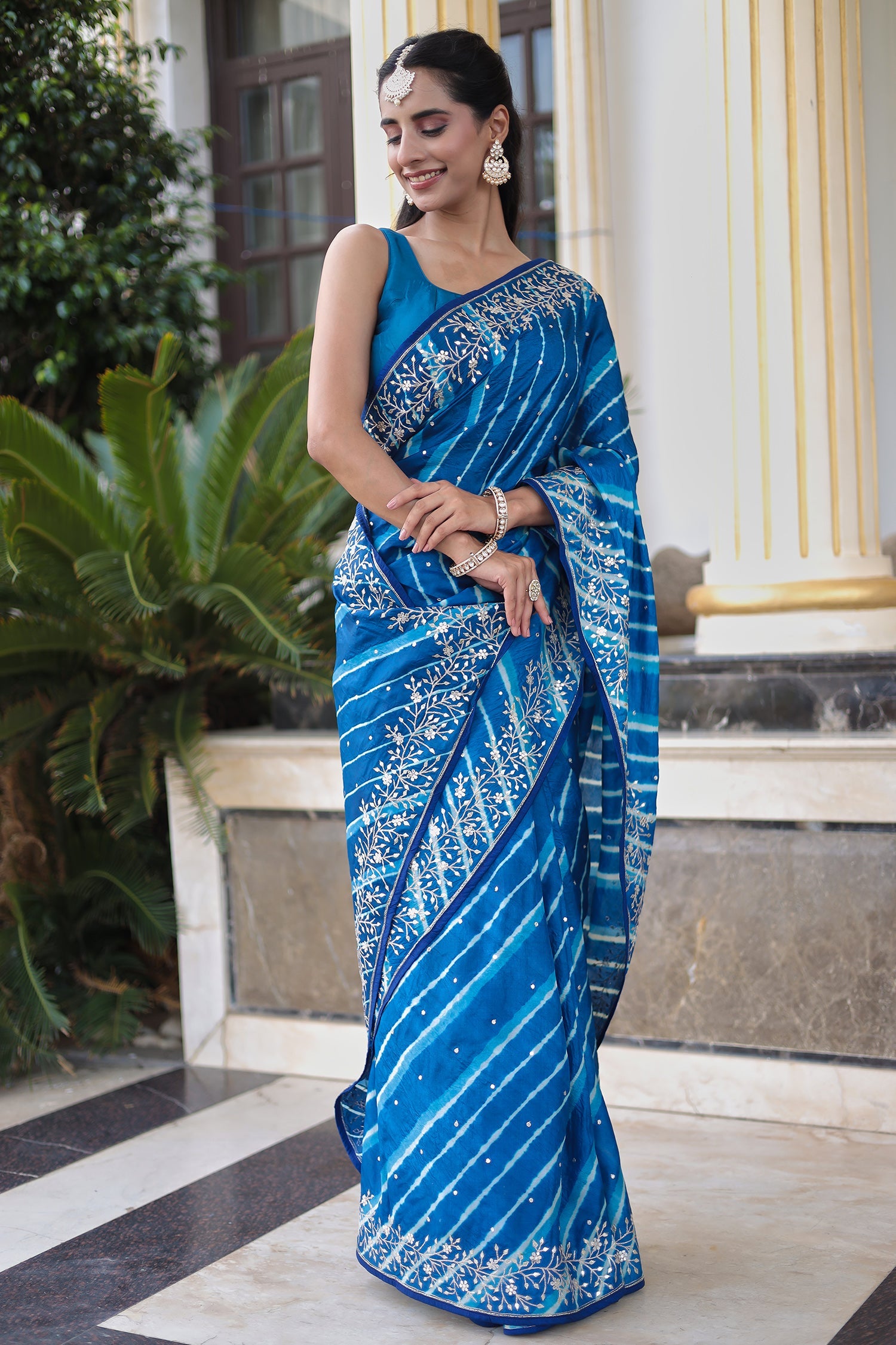 Leheriya Tussar Silk Saree with Aari & Gota Embroidery