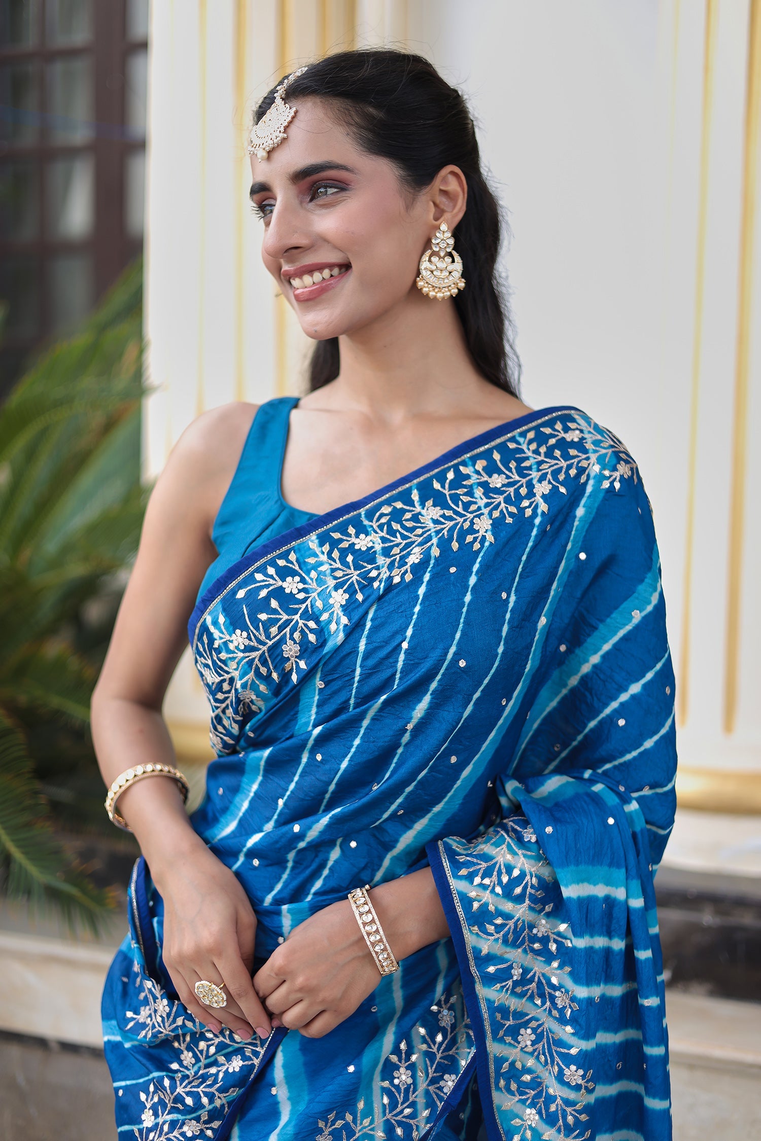 Leheriya Tussar Silk Saree with Aari & Gota Embroidery