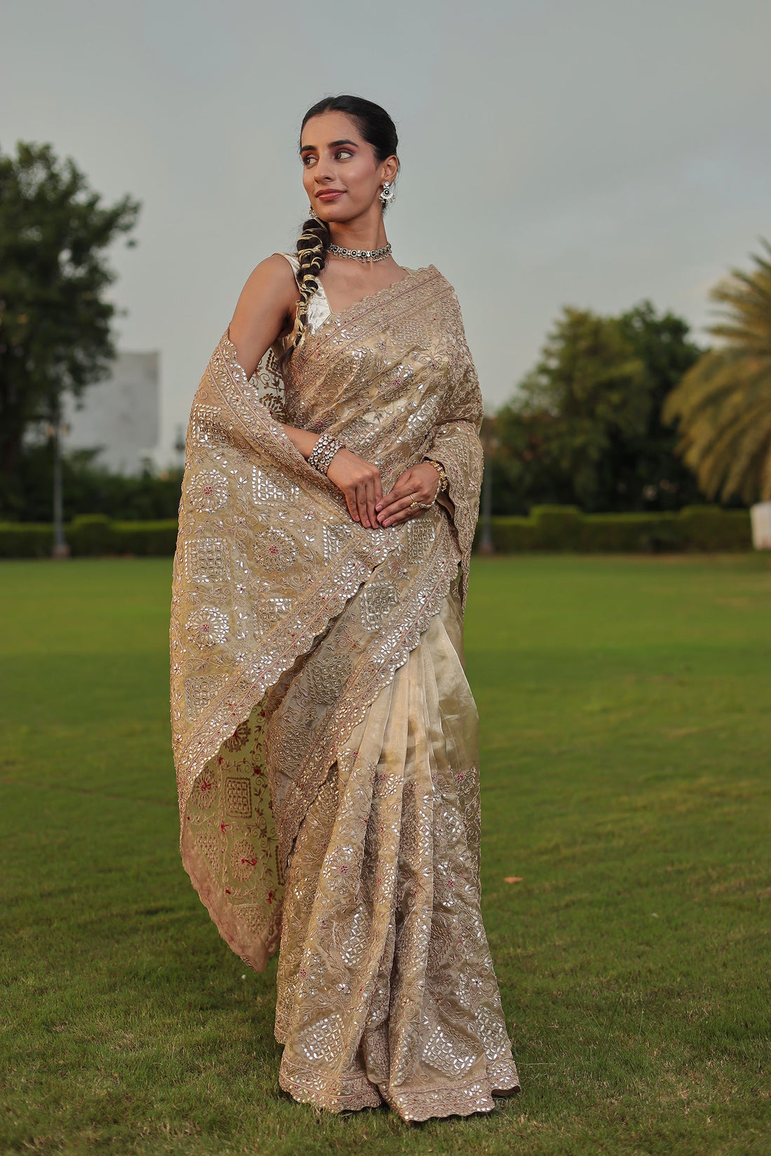 Designer Tissue Saree with Fine Gota Patti, Zardozi, Thread Embroidery
