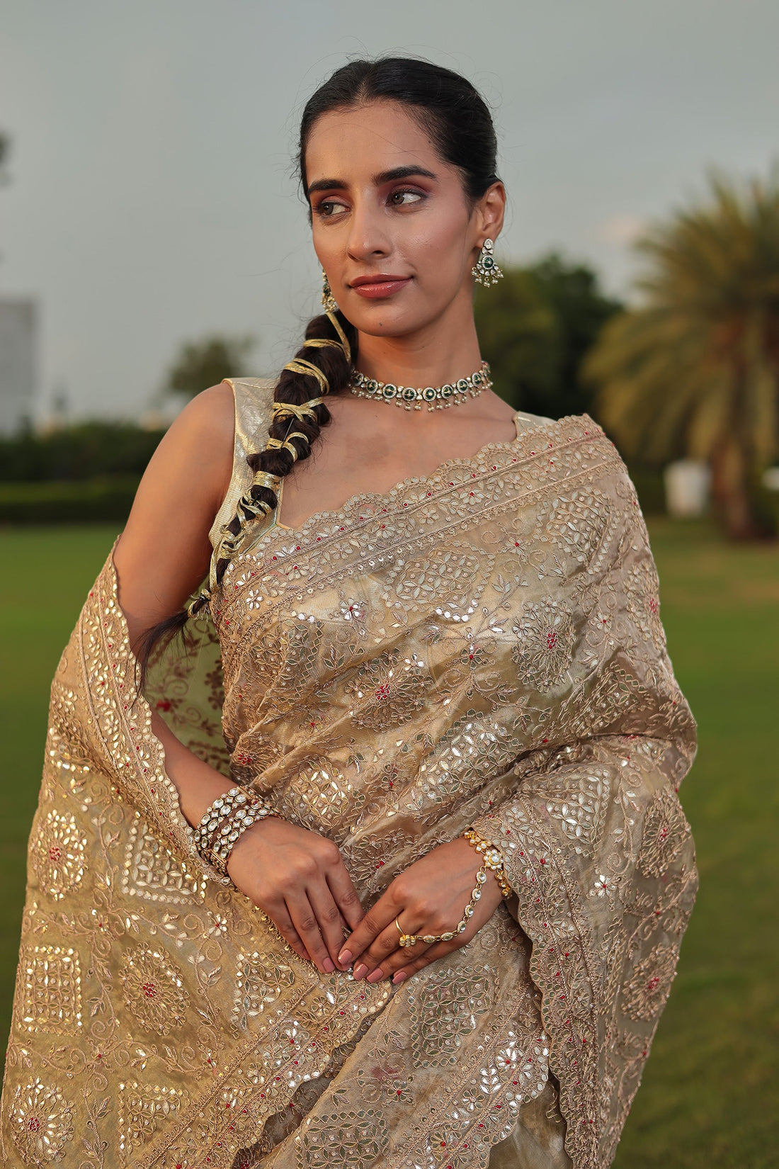 Designer Tissue Saree with Fine Gota Patti, Zardozi, Thread Embroidery