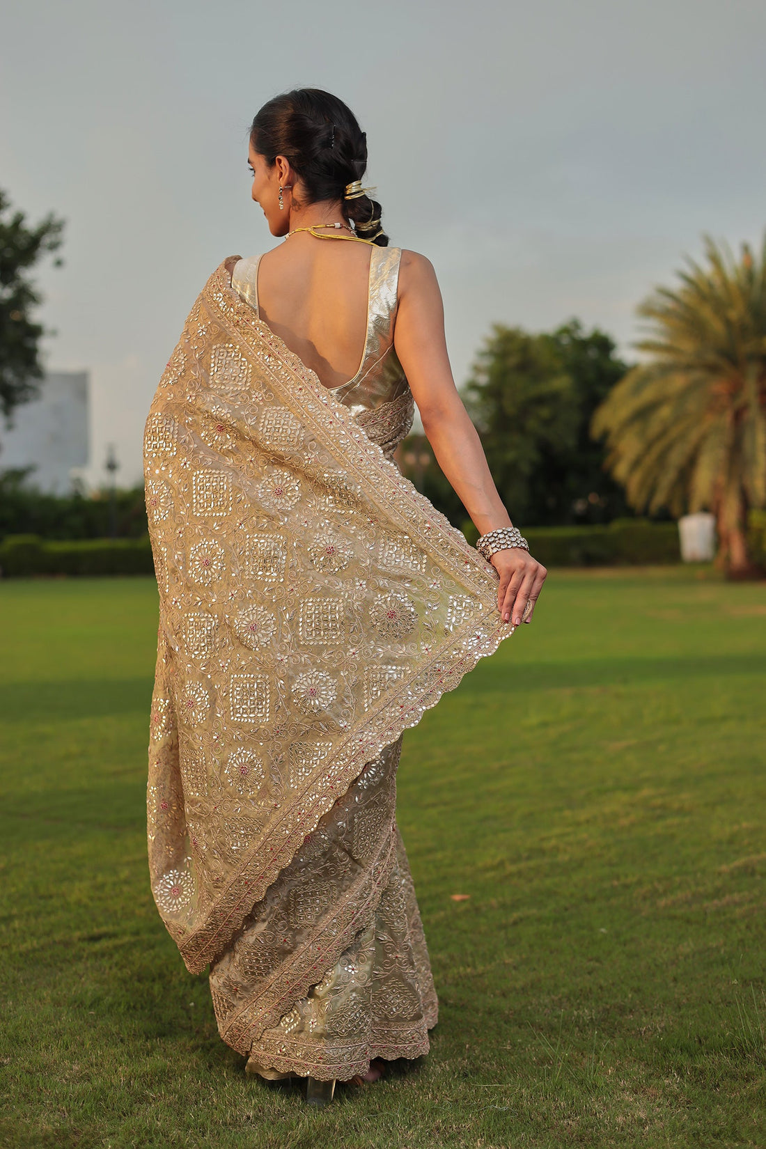 Designer Tissue Saree with Fine Gota Patti, Zardozi, Thread Embroidery