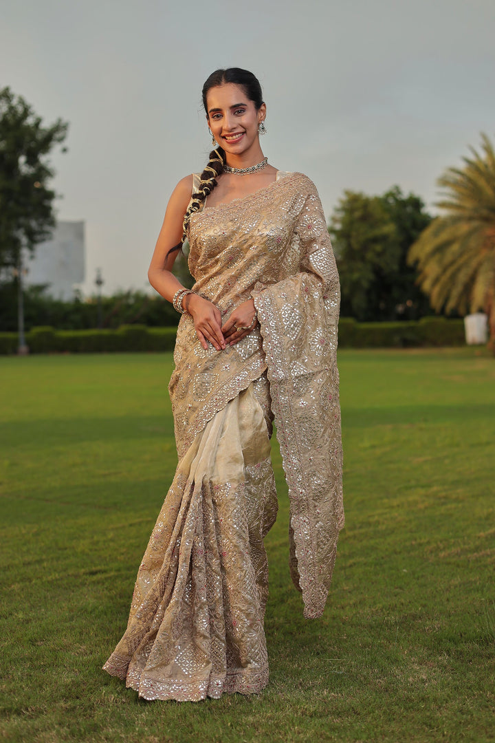 Designer Tissue Saree with Fine Gota Patti, Zardozi, Thread Embroidery