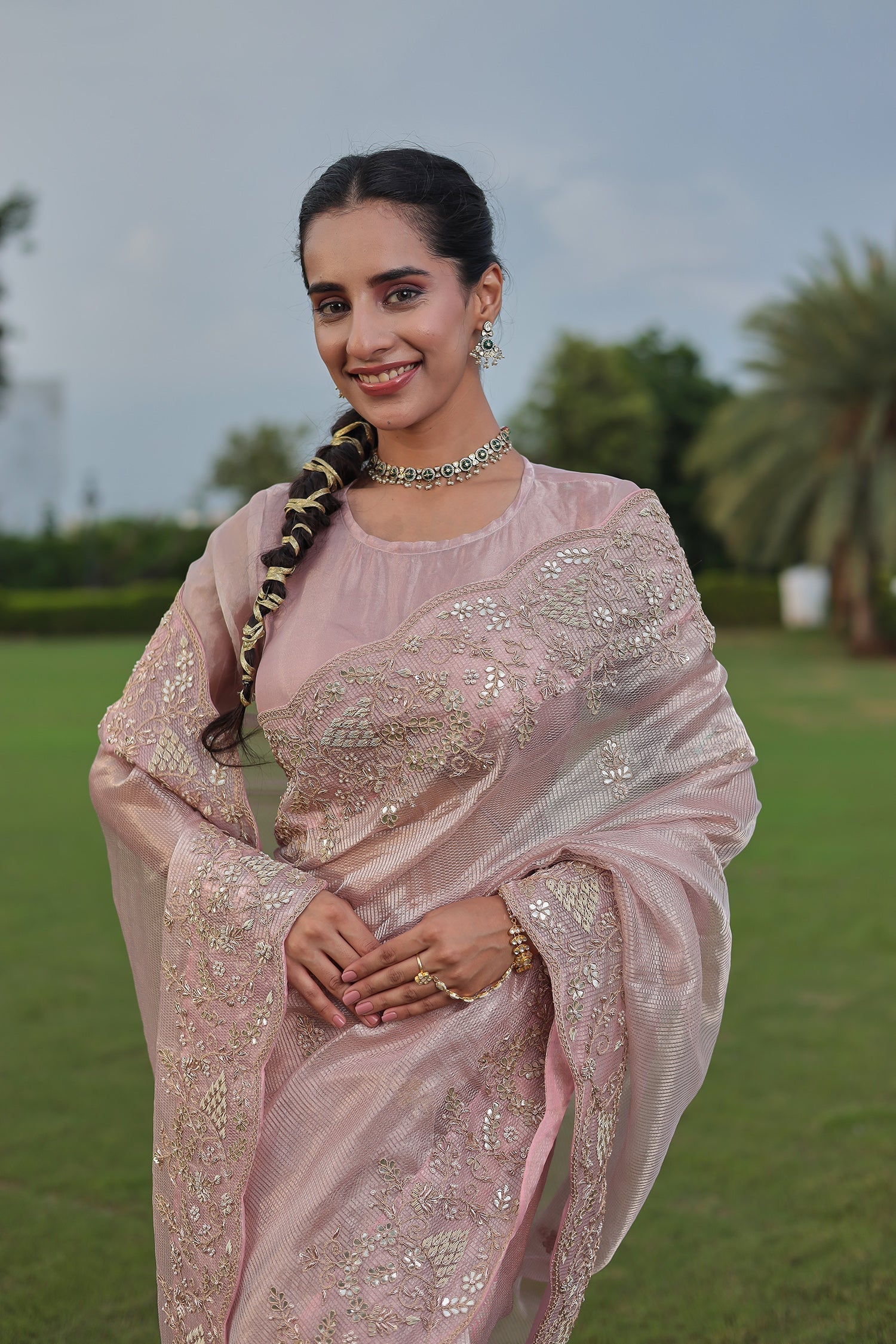 Fancy Tissue Saree with Gota, Pearl & Zardozi Embellishments