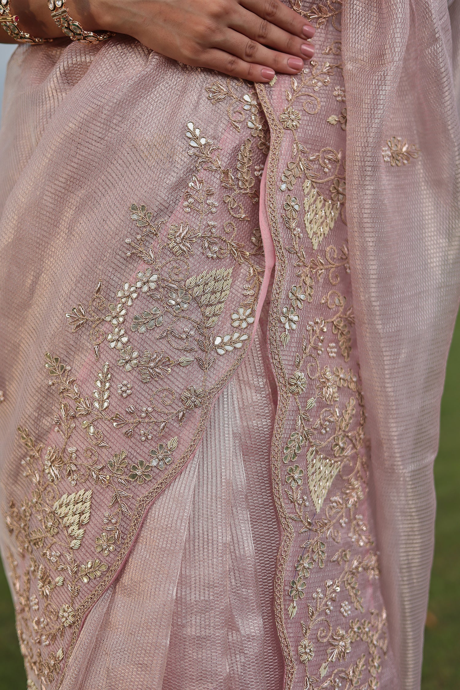 Fancy Tissue Saree with Gota, Pearl & Zardozi Embellishments