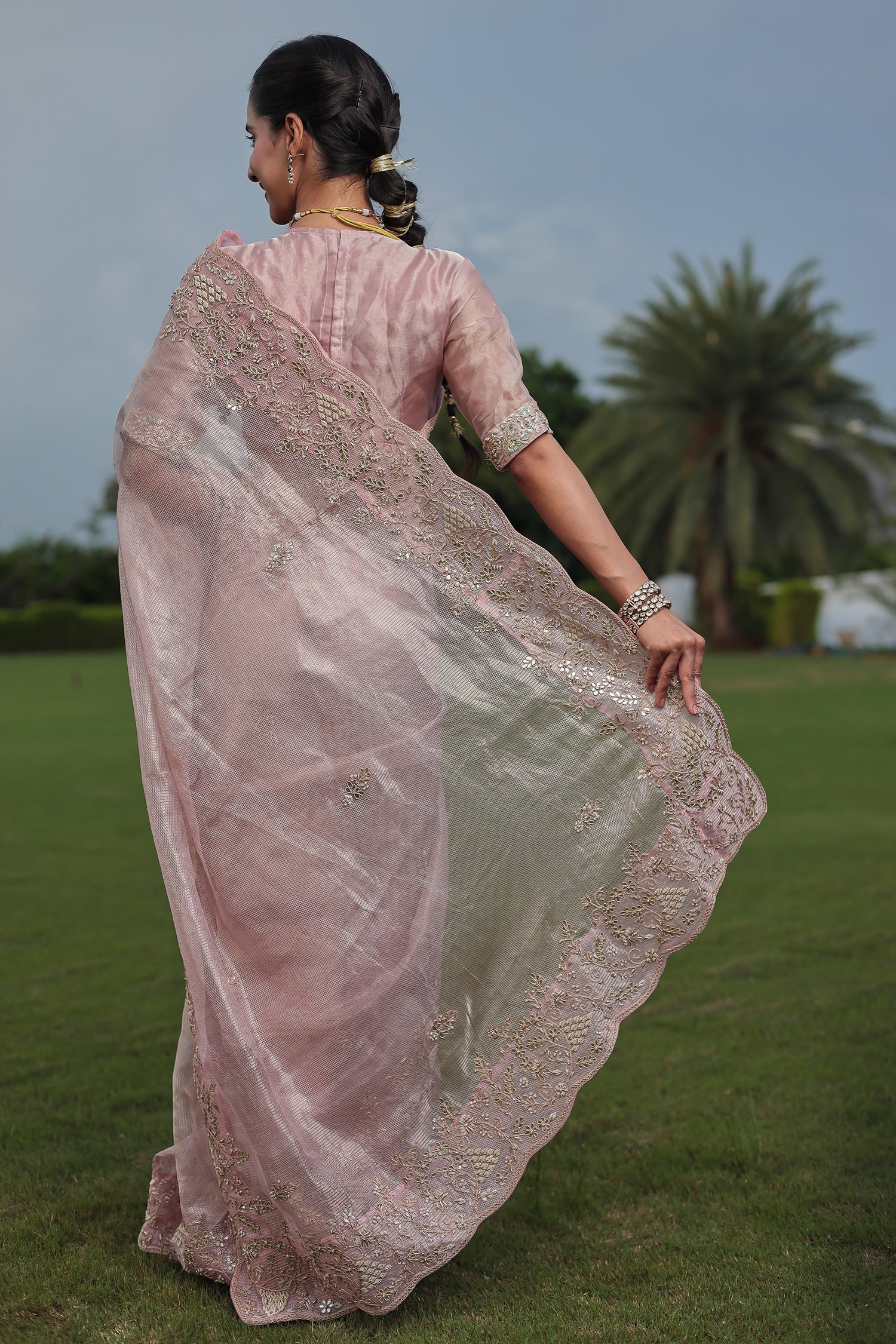 Fancy Tissue Saree with Gota, Pearl & Zardozi Embellishments