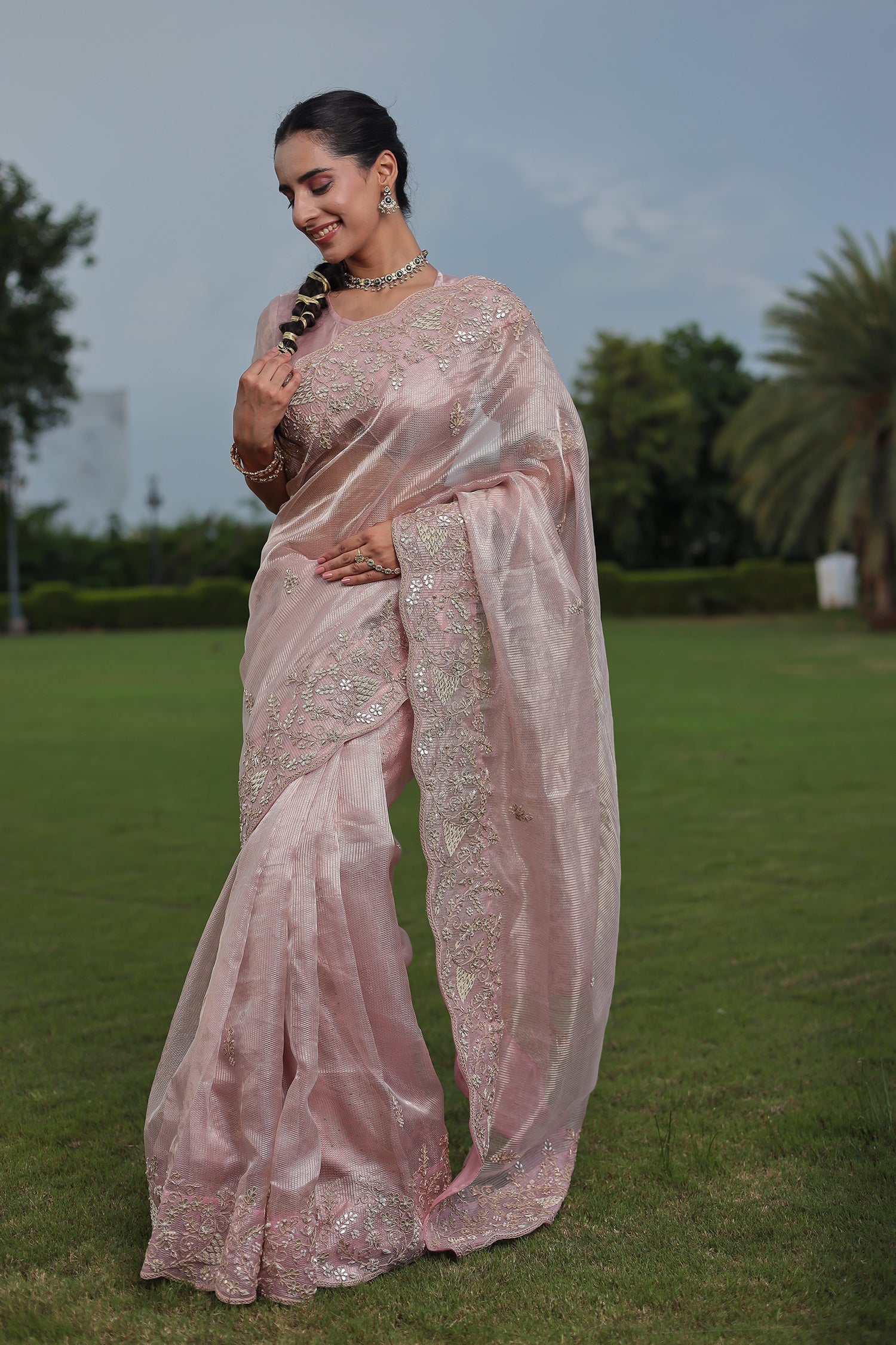 Fancy Tissue Saree with Gota, Pearl & Zardozi Embellishments