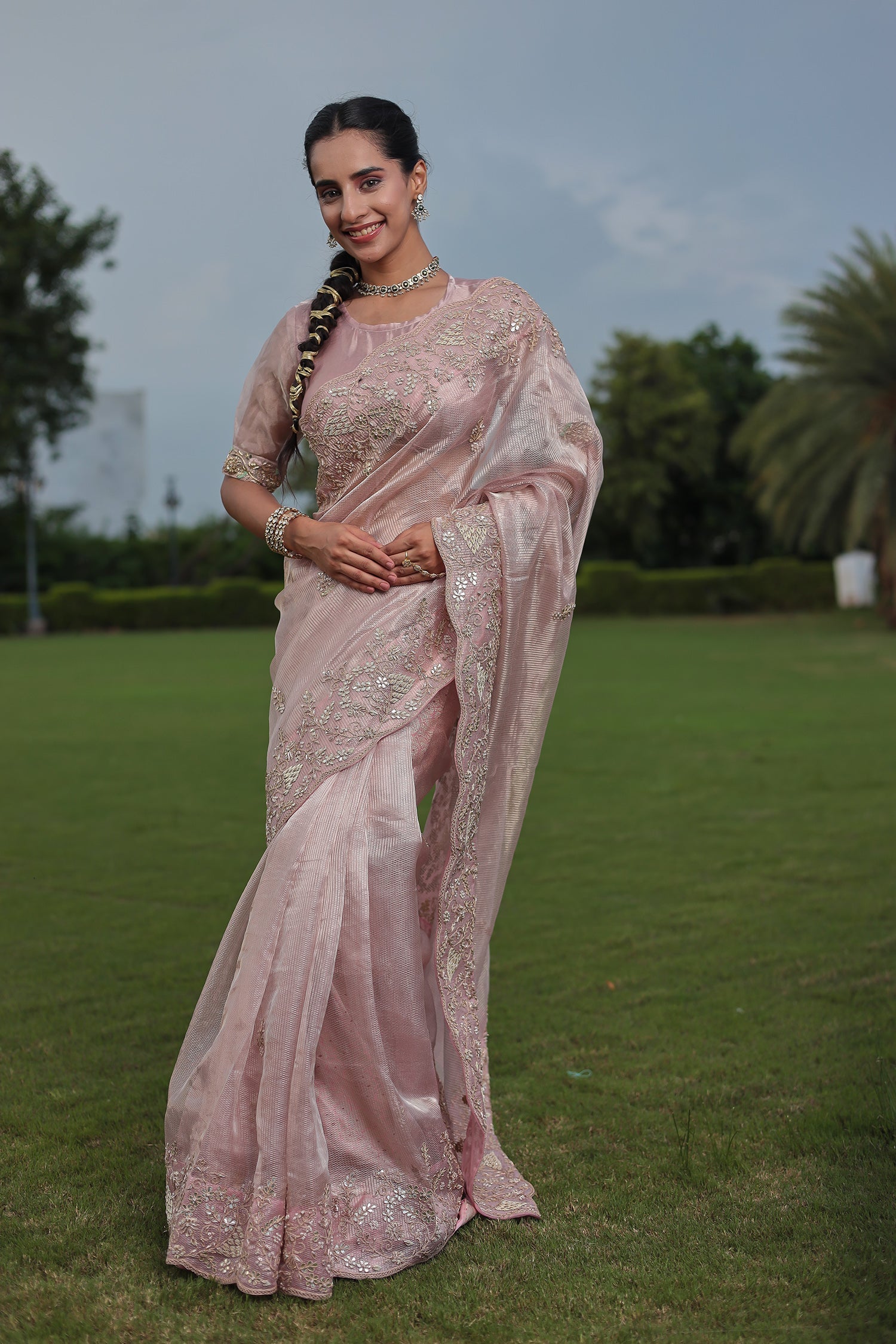 Fancy Tissue Saree with Gota, Pearl & Zardozi Embellishments
