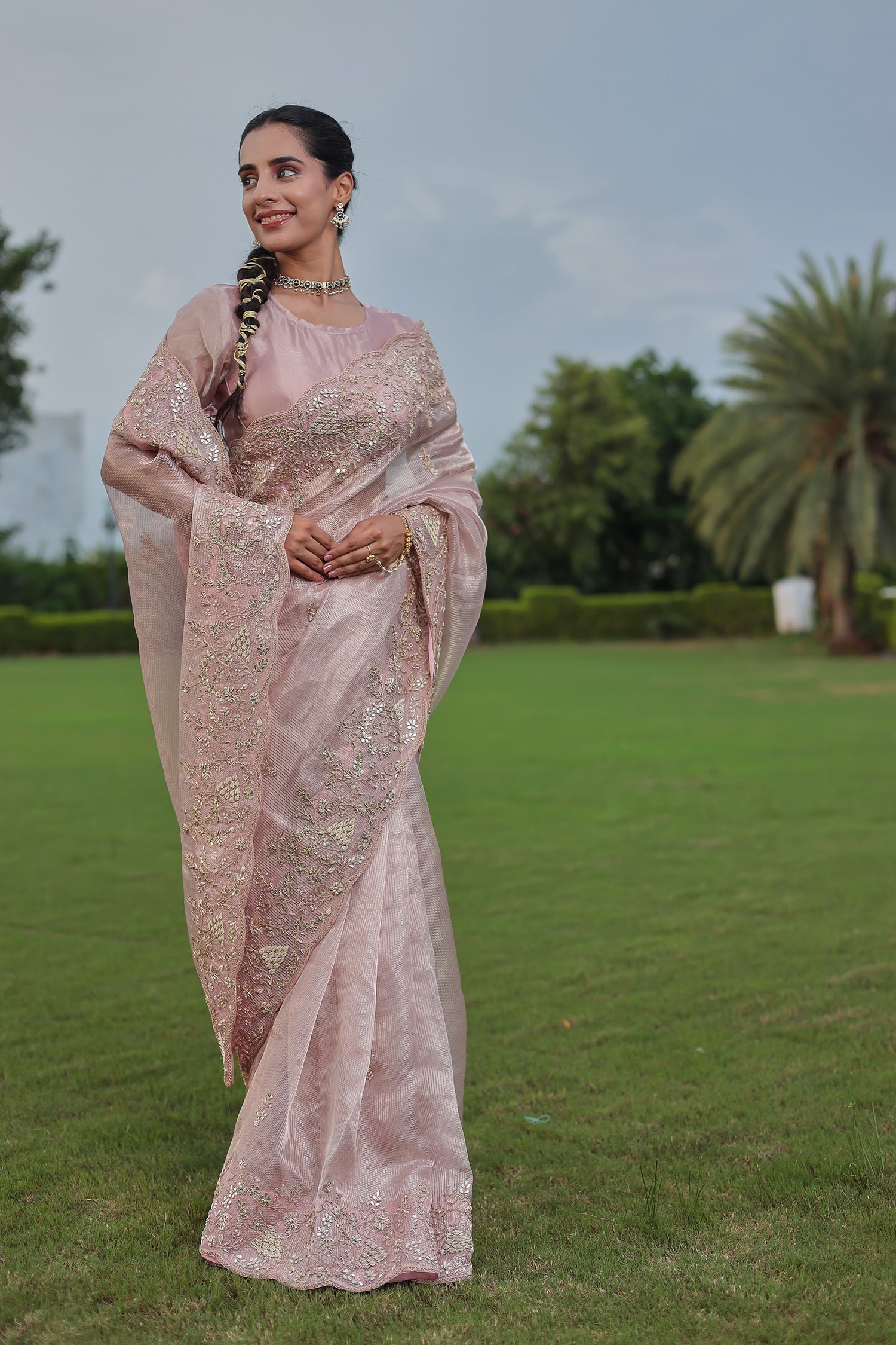Fancy Tissue Saree with Gota, Pearl & Zardozi Embellishments