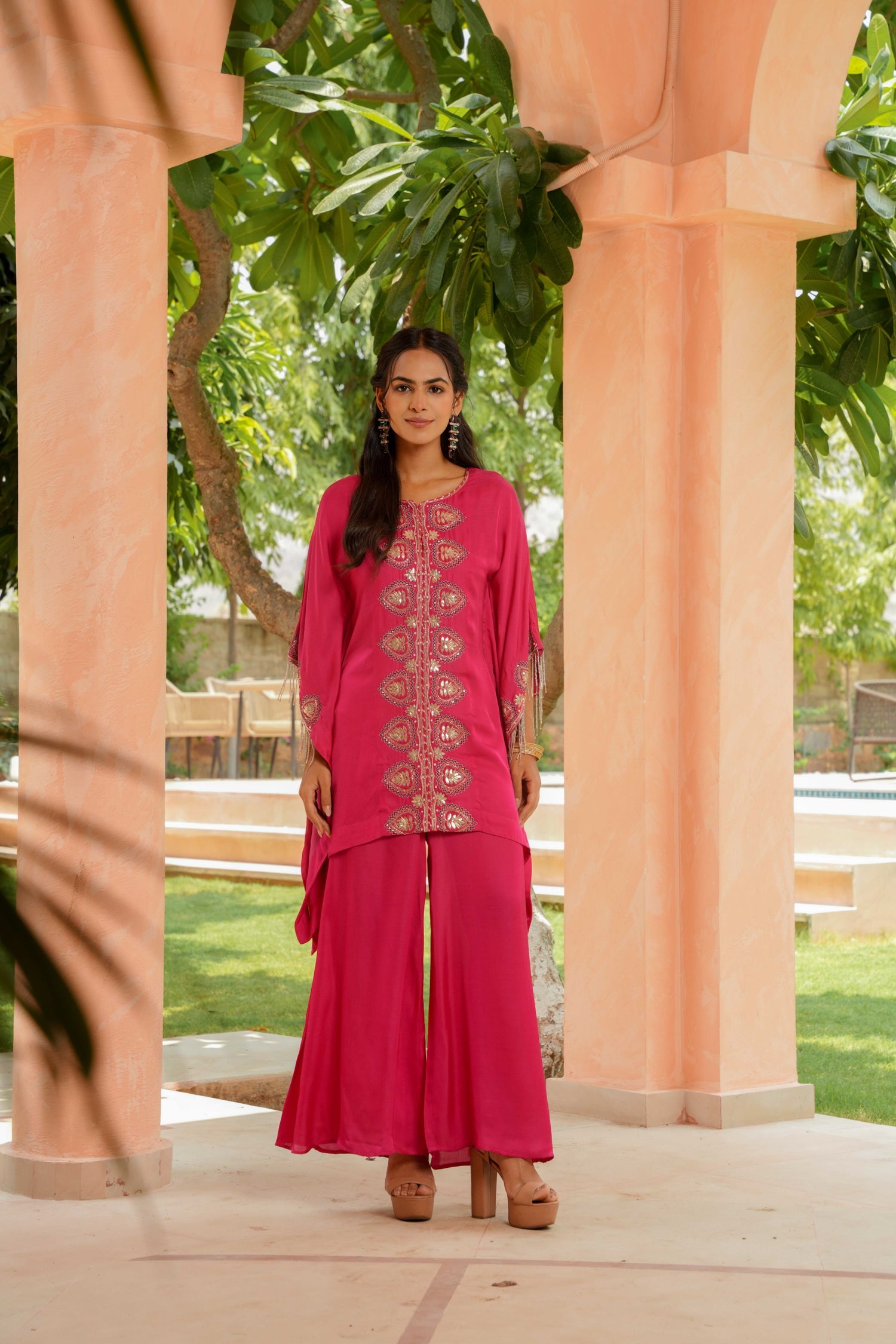 Satin Kaftan Silk Suit Embellished with Gota Patti and Cutdana work