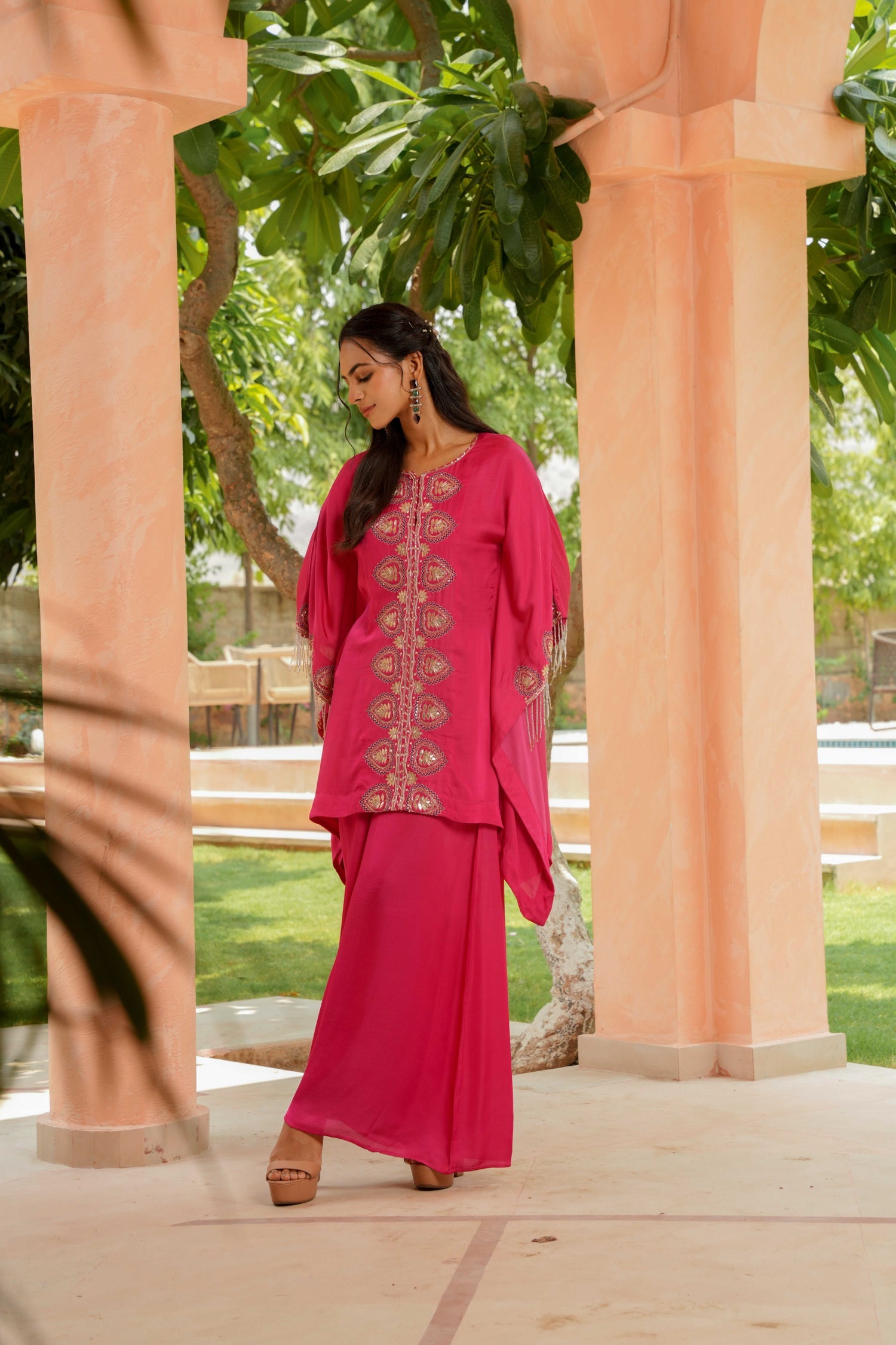 Satin Kaftan Silk Suit Embellished with Gota Patti and Cutdana work