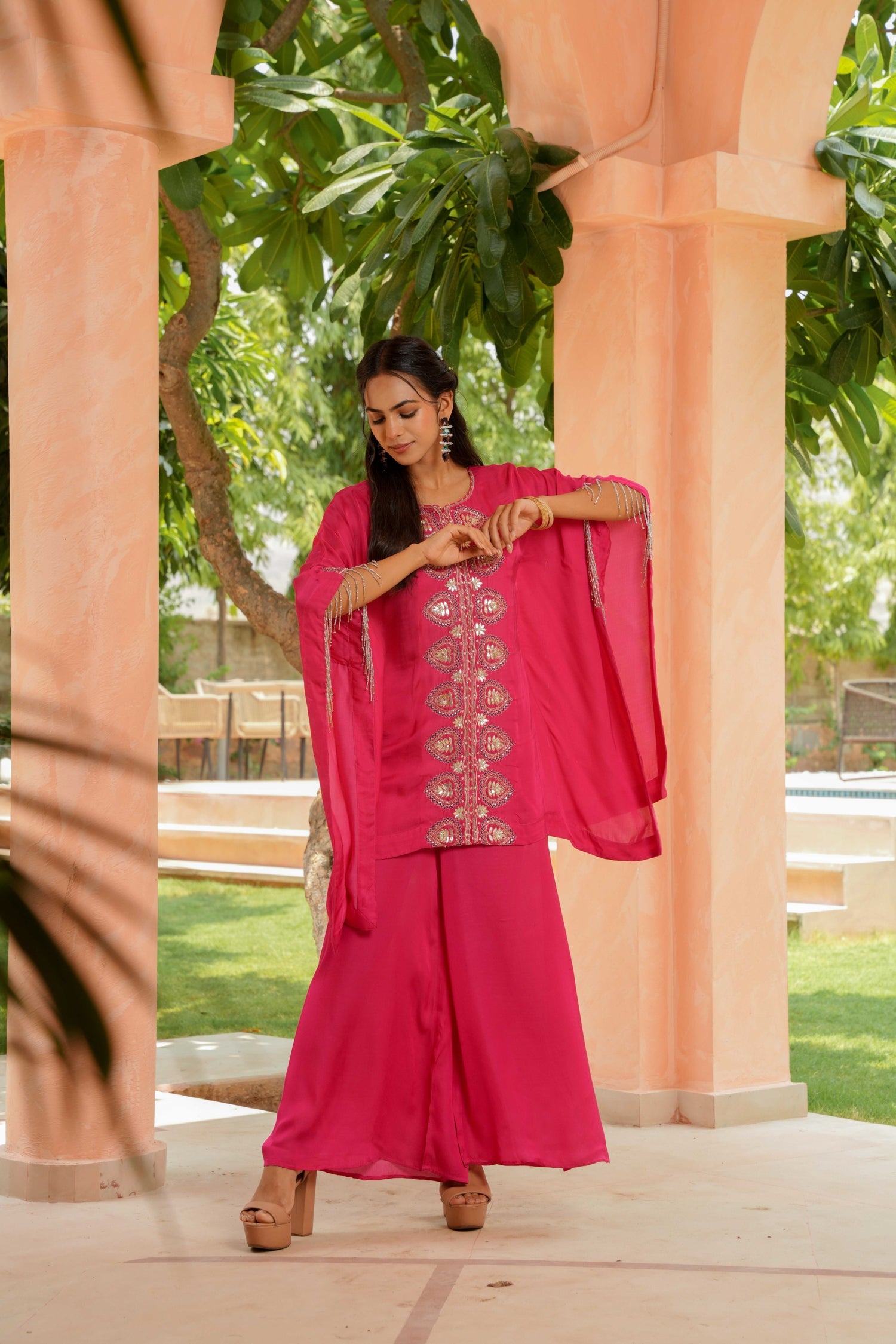 Satin Kaftan Silk Suit Embellished with Gota Patti and Cutdana work