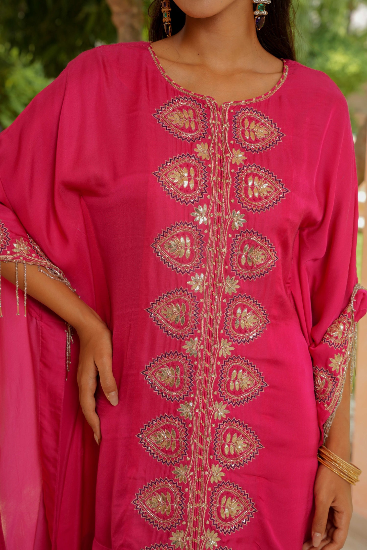 Satin Kaftan Silk Suit Embellished with Gota Patti and Cutdana work