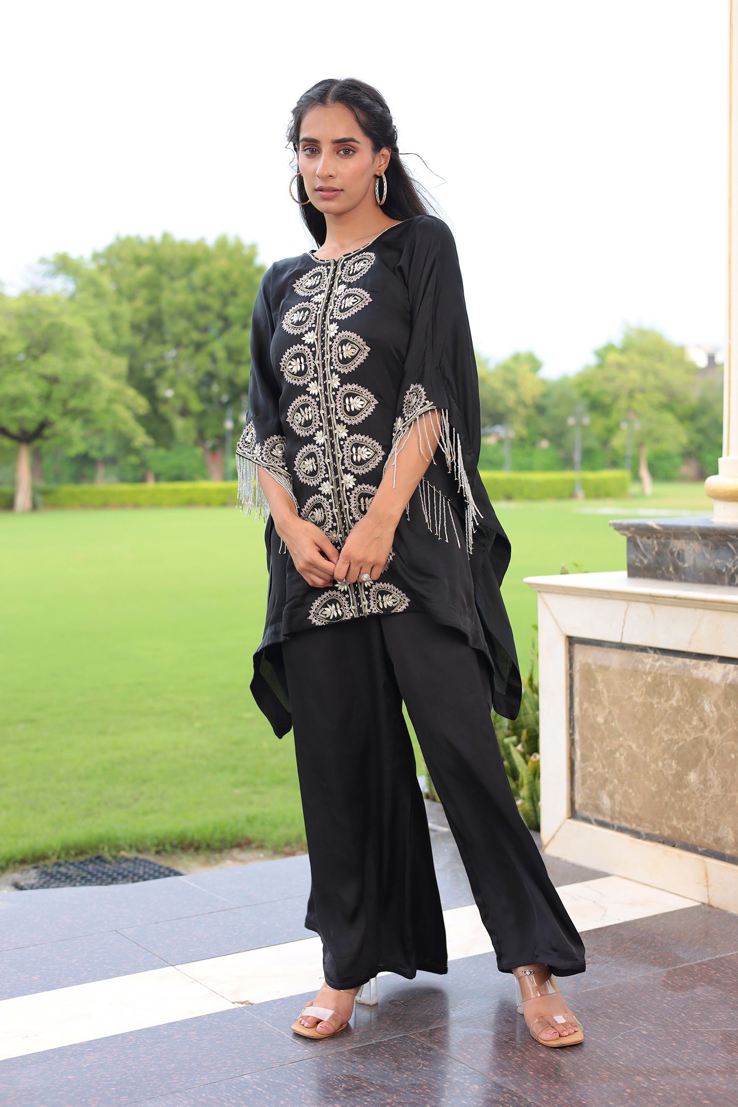 Satin Kaftan Silk Suit Embellished with Gota Patti and Cutdana work