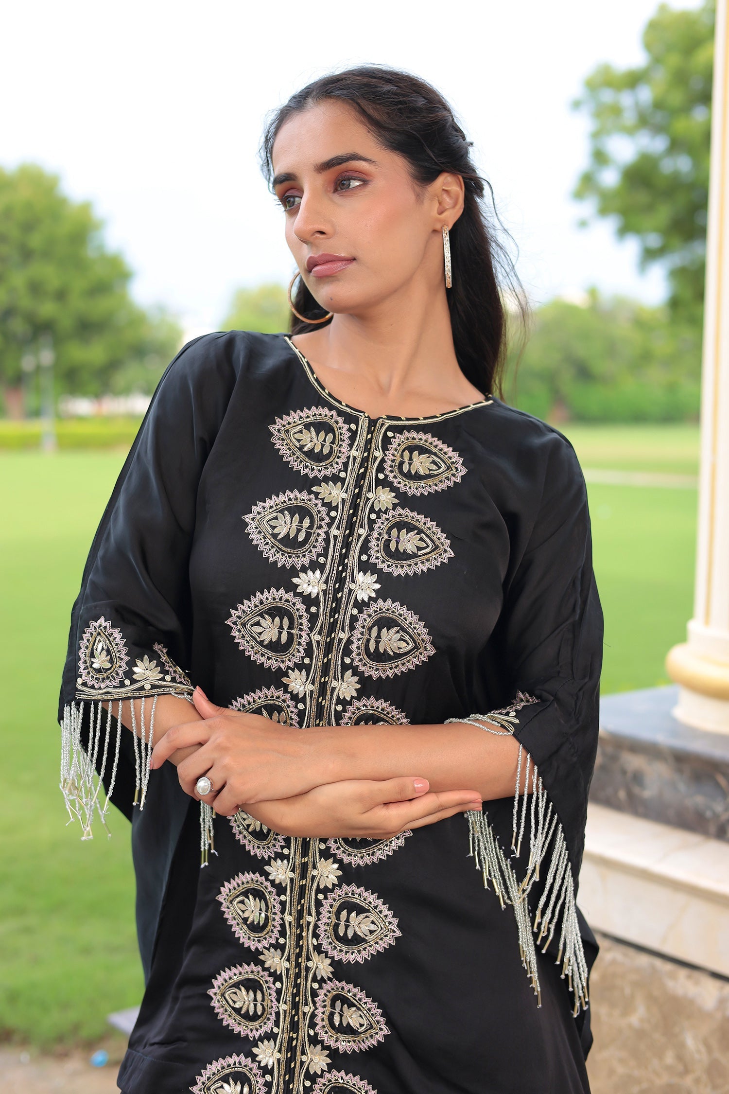 Satin Kaftan Silk Suit Embellished with Gota Patti and Cutdana work