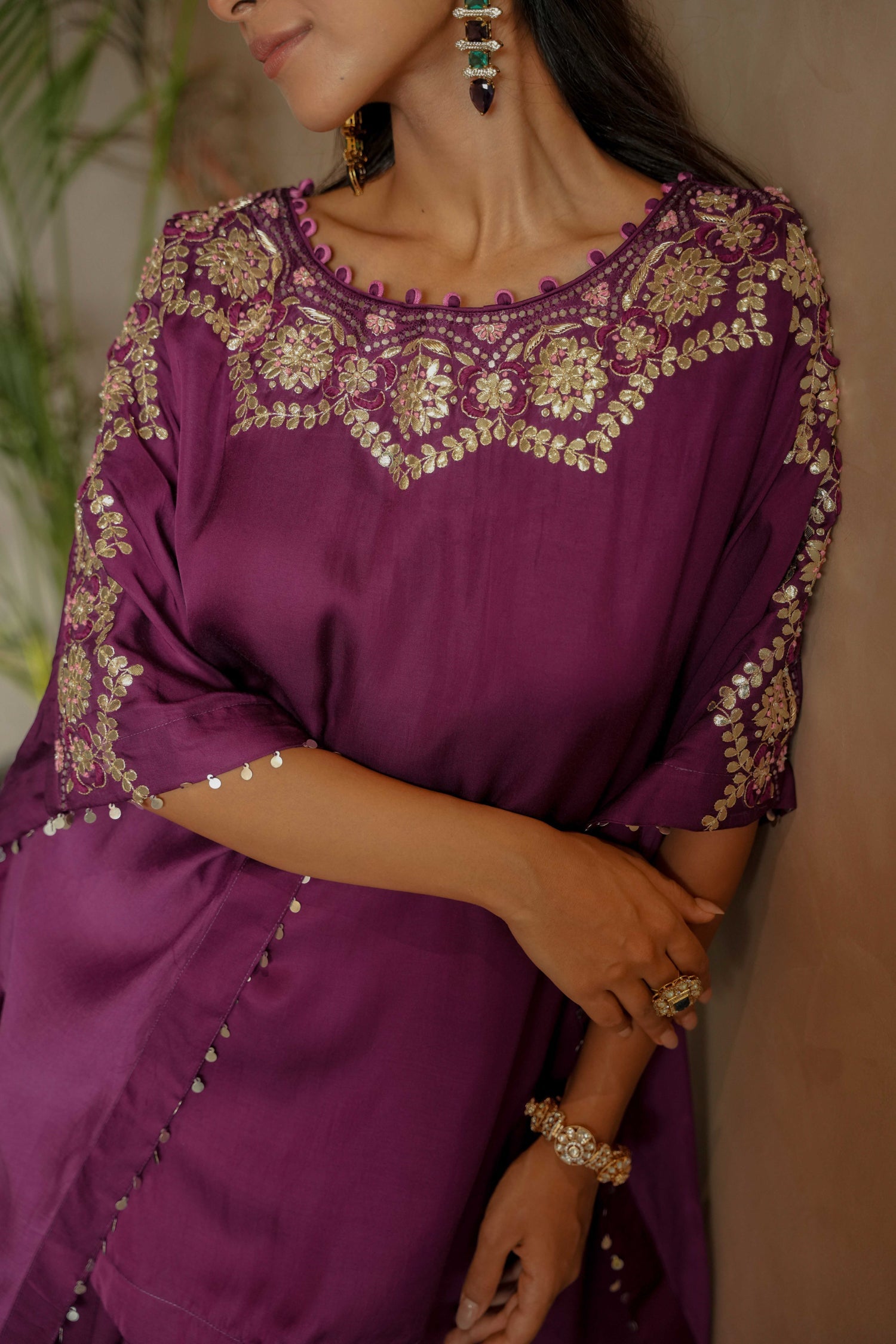 Flowy Satin Kaftan Style Suit with Gota Patti Detailing