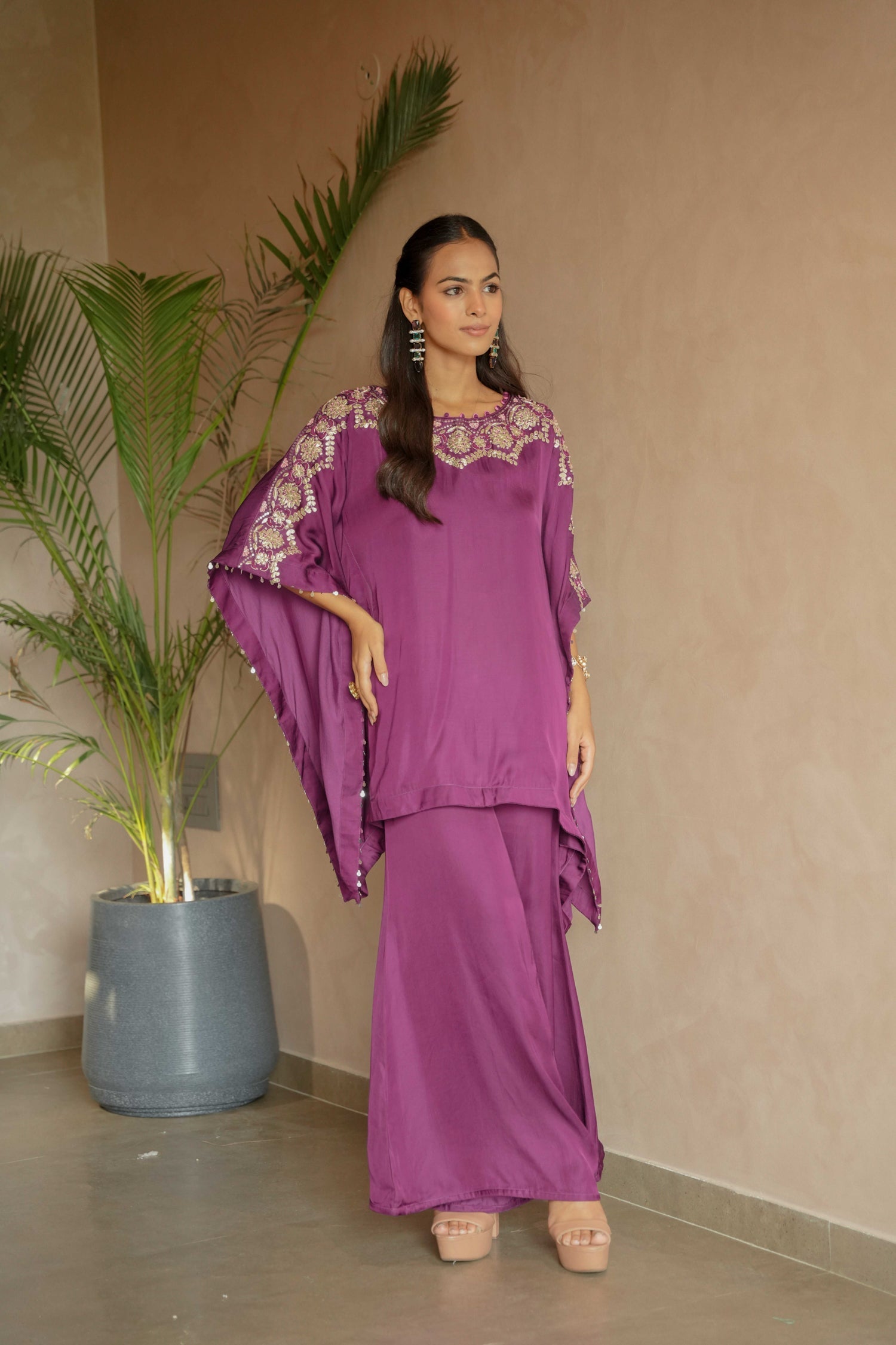 Flowy Satin Kaftan Style Suit with Gota Patti Detailing