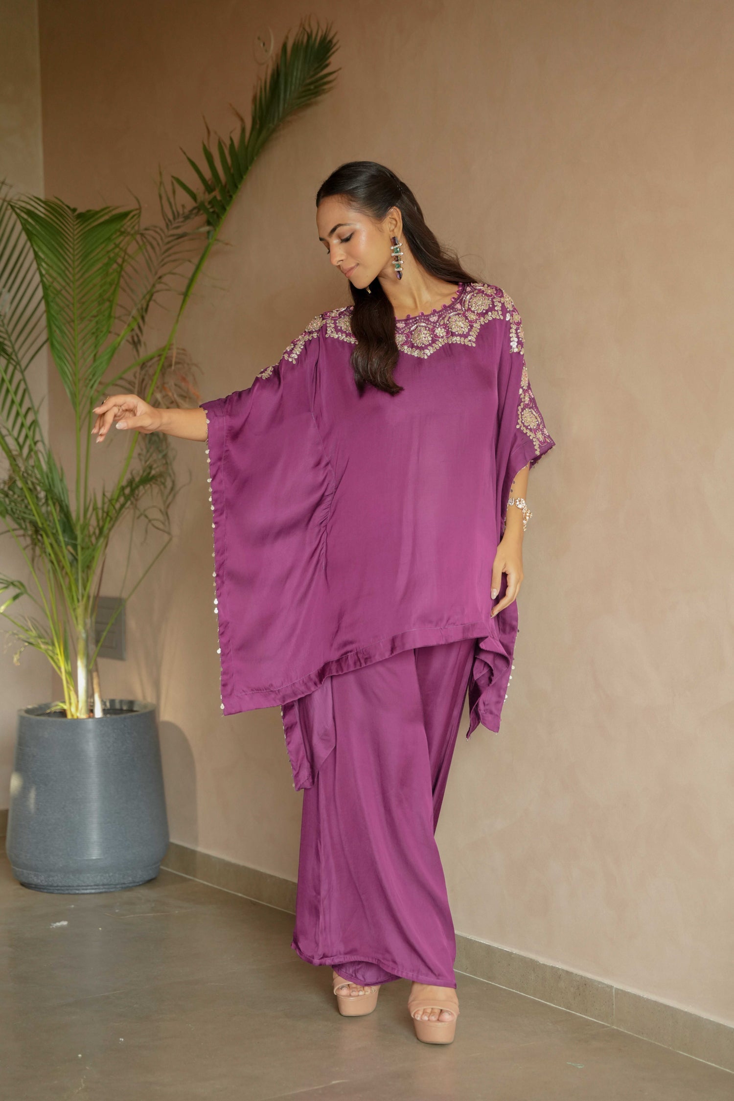 Flowy Satin Kaftan Style Suit with Gota Patti Detailing