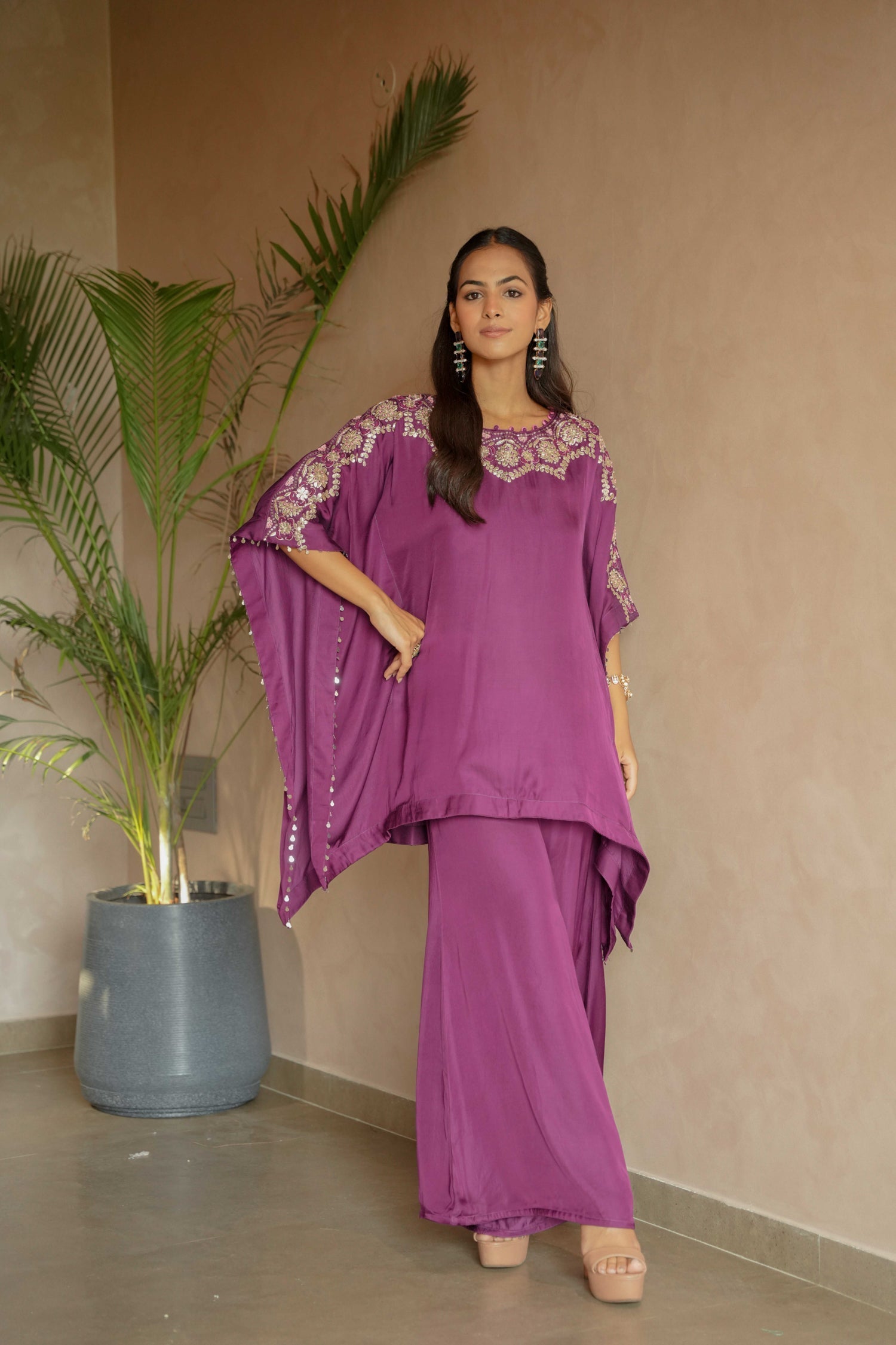 Flowy Satin Kaftan Style Suit with Gota Patti Detailing