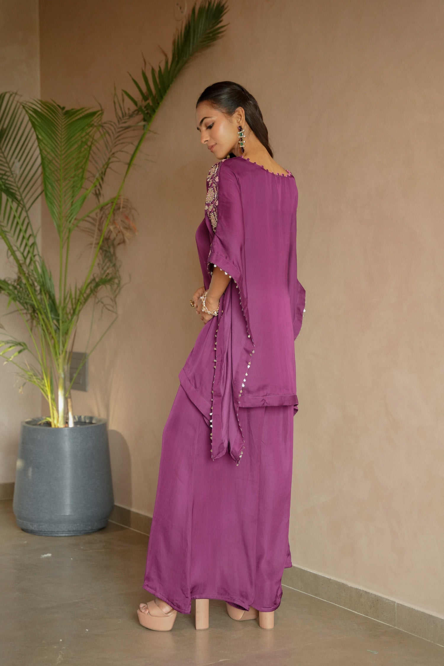 Flowy Satin Kaftan Style Suit with Gota Patti Detailing