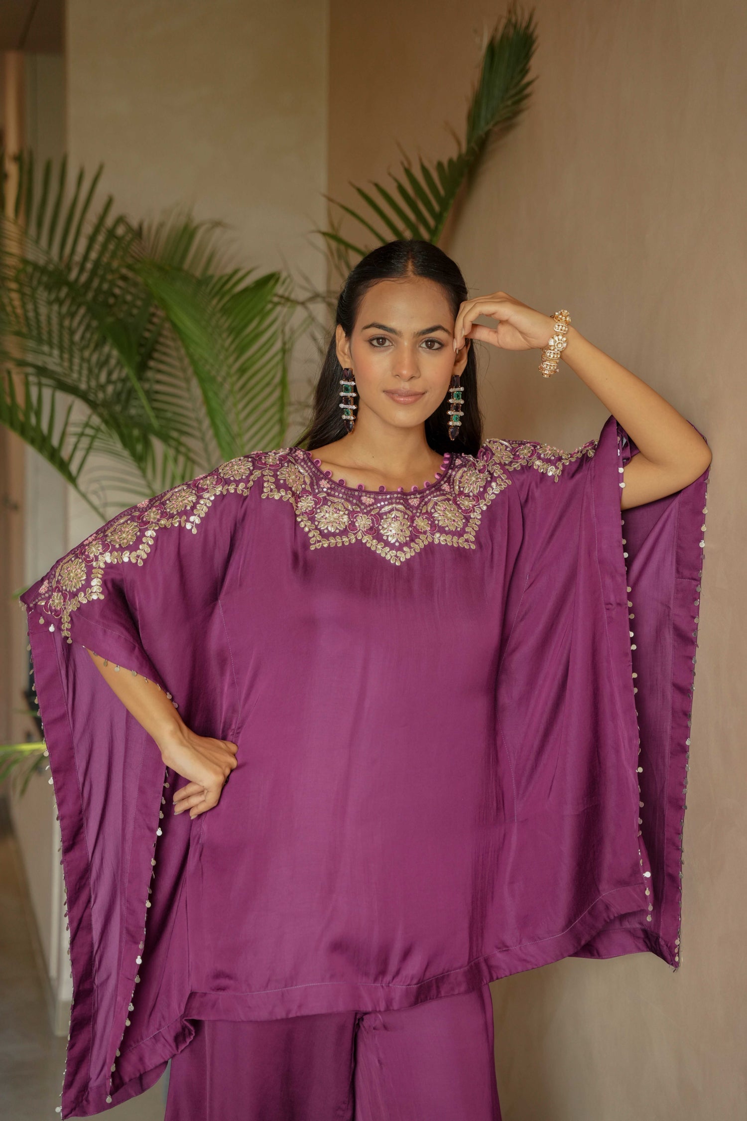 Flowy Satin Kaftan Style Suit with Gota Patti Detailing