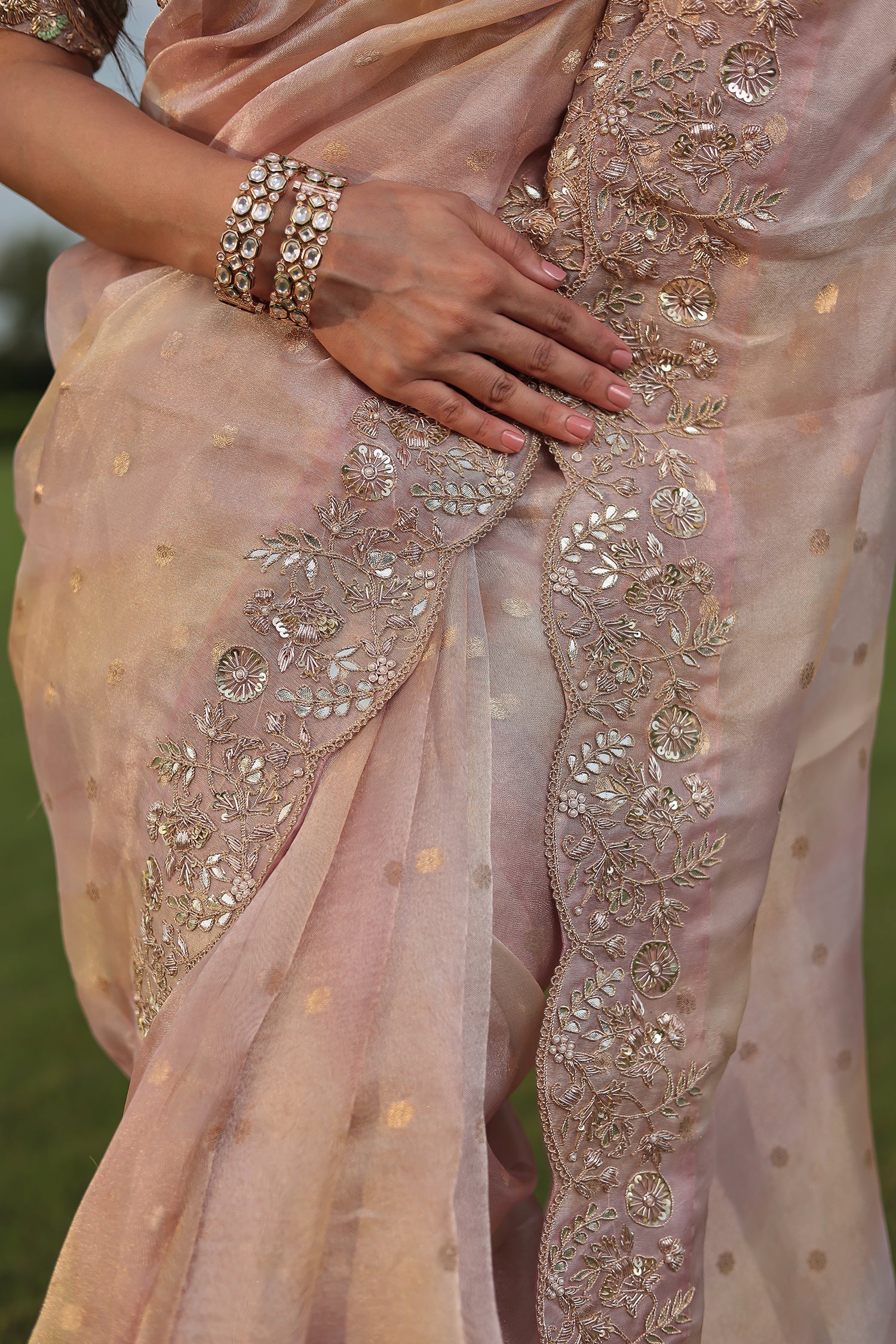 Fancy Tissue Saree with Dori, Gota, Pearl & Zardozi Embellishments