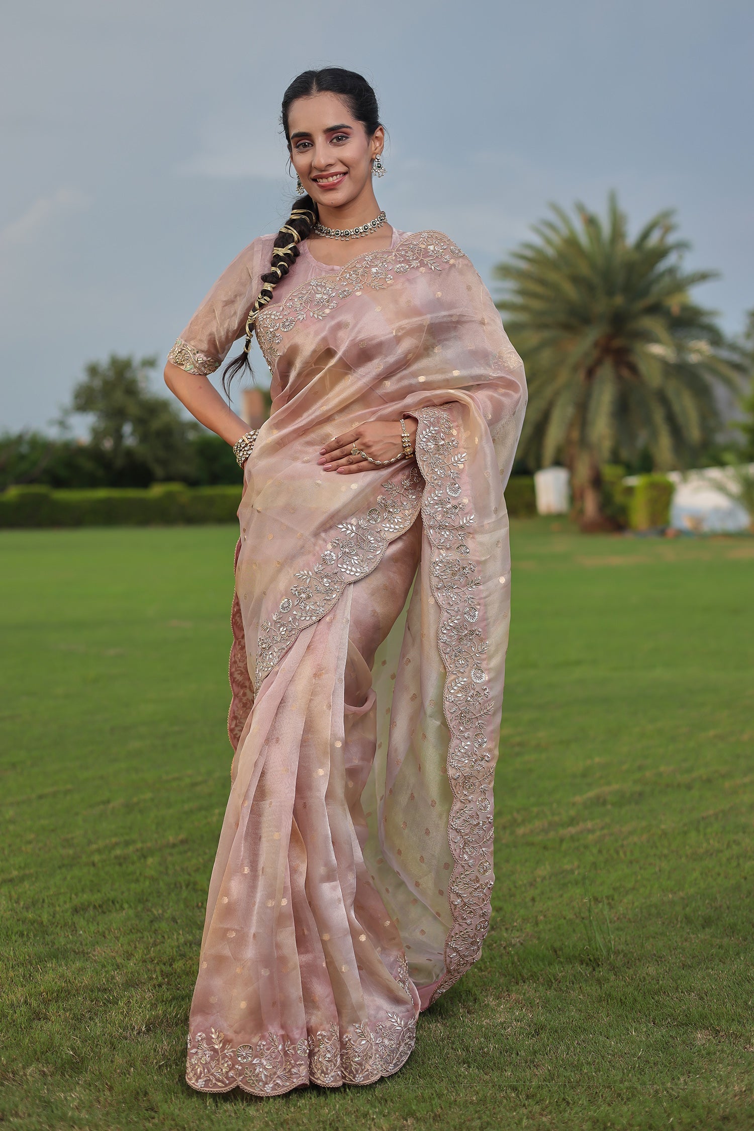 Fancy Tissue Saree with Dori, Gota, Pearl & Zardozi Embellishments