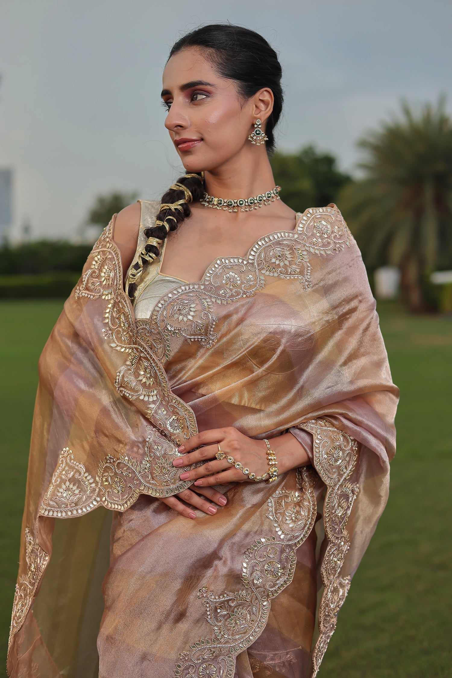 Fancy Tissue Saree with Dori, Gota Patti and Zardozi work