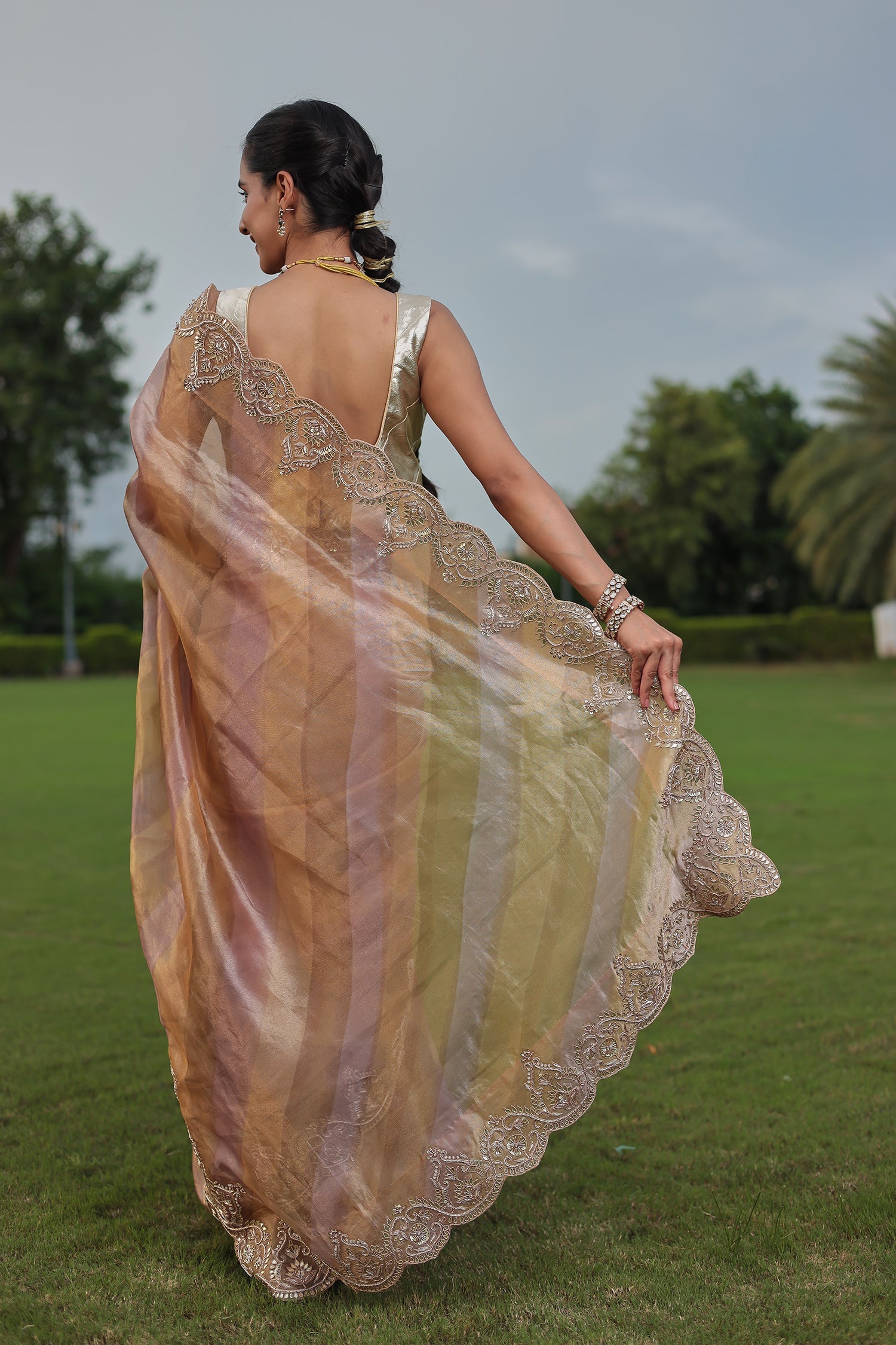 Fancy Tissue Saree with Dori, Gota Patti and Zardozi work