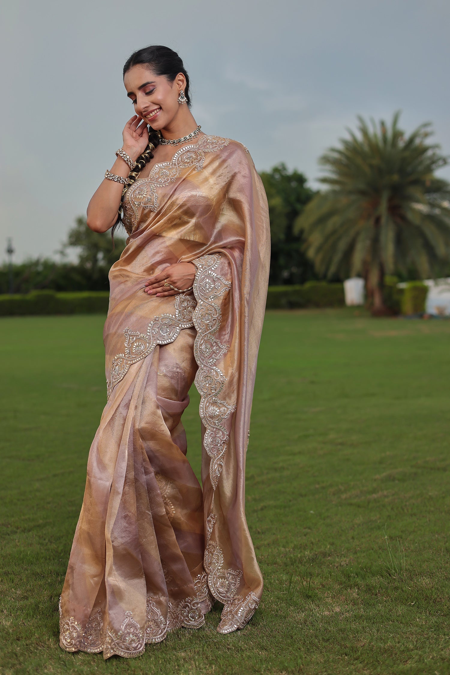 Fancy Tissue Saree with Dori, Gota Patti and Zardozi work