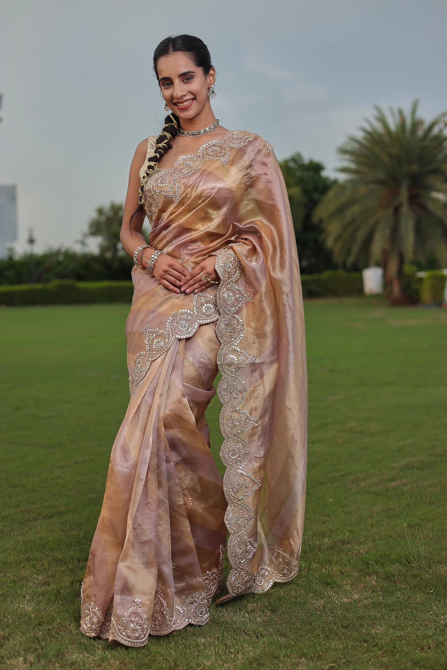 Fancy Tissue Saree with Dori, Gota Patti and Zardozi work