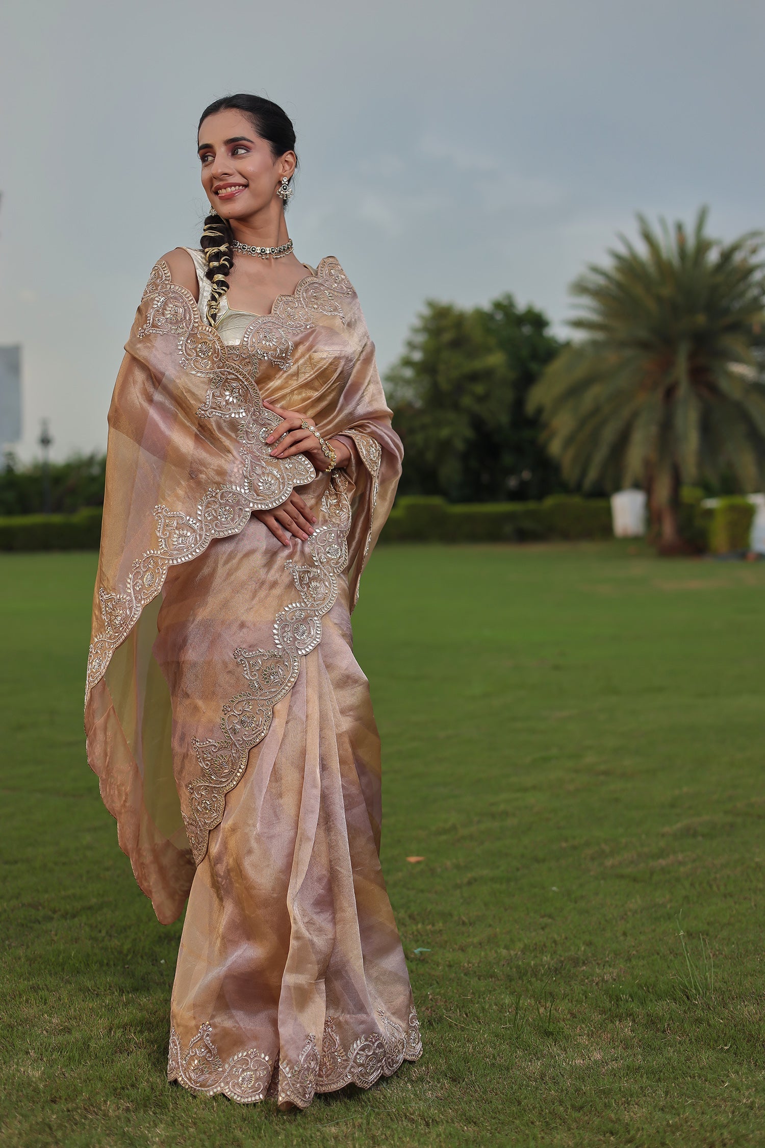 Fancy Tissue Saree with Dori, Gota Patti and Zardozi work