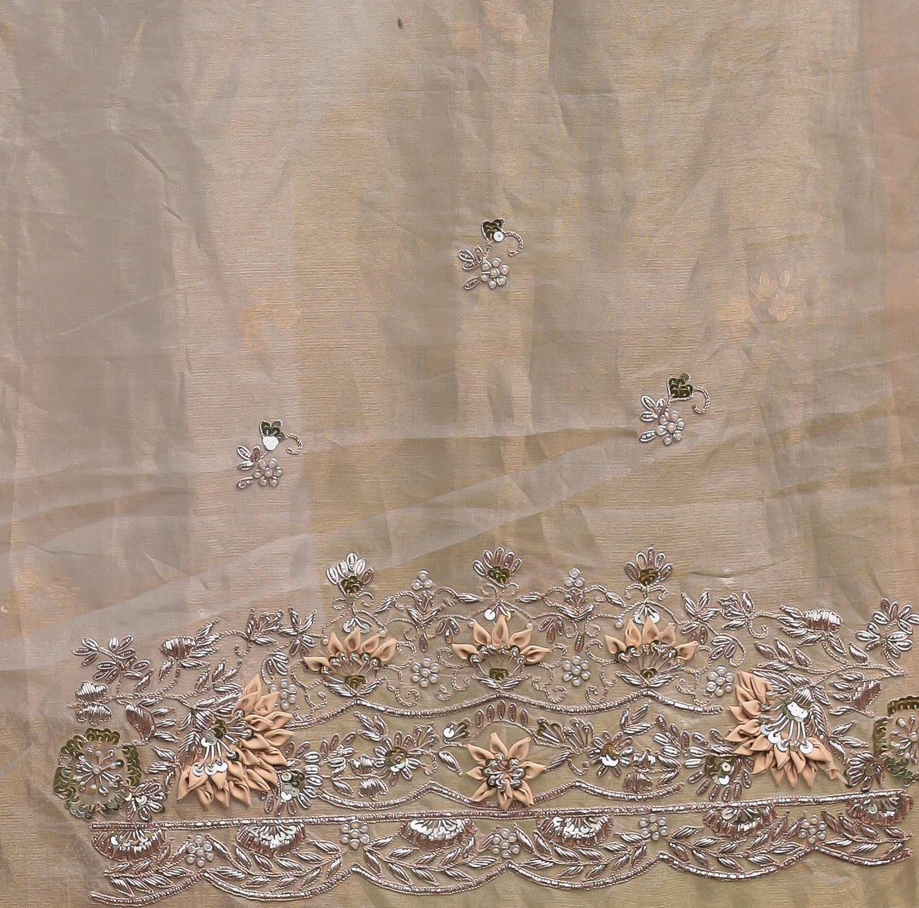 Golden Tissue Drape with Fine Zardozi, Dori & Thread Embellishment