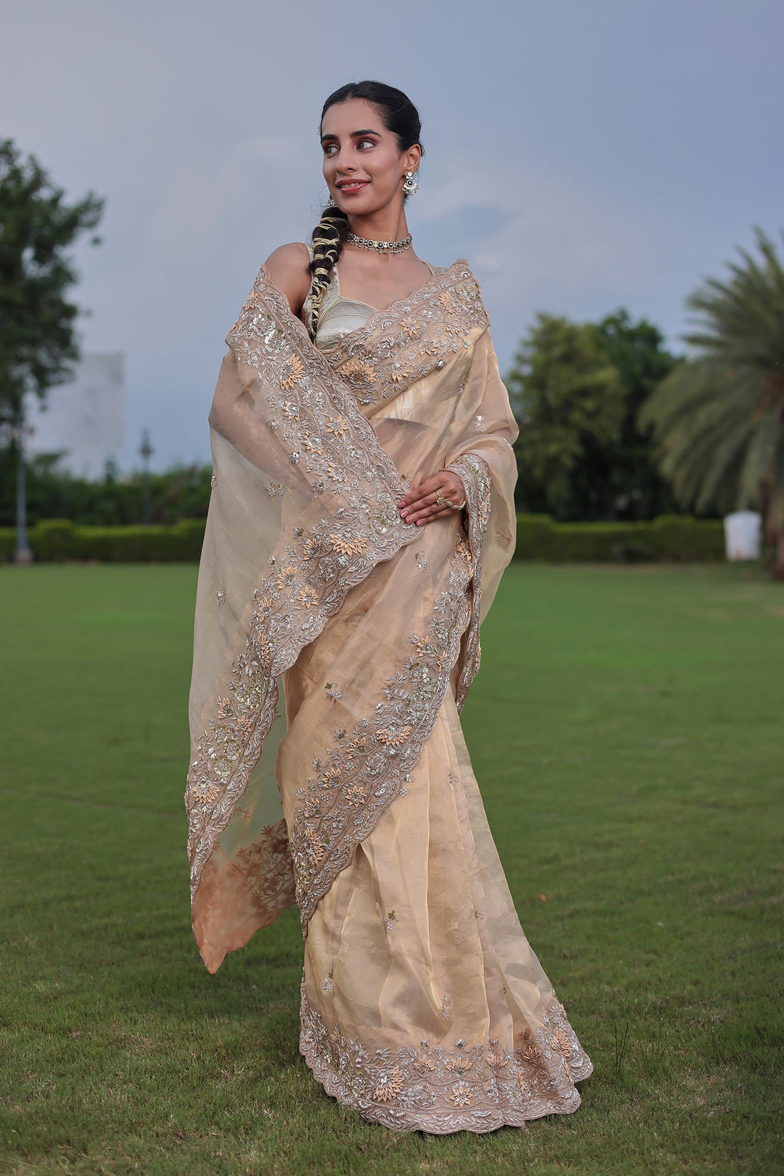 Golden Tissue Drape with Fine Zardozi, Dori & Thread Embellishment