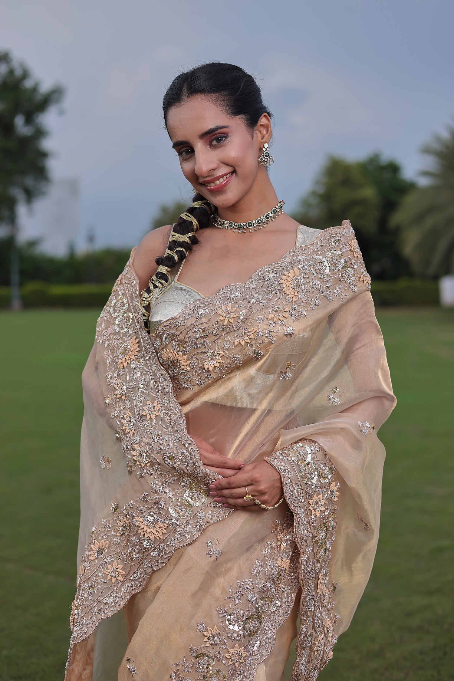 Golden Tissue Drape with Fine Zardozi, Dori & Thread Embellishment