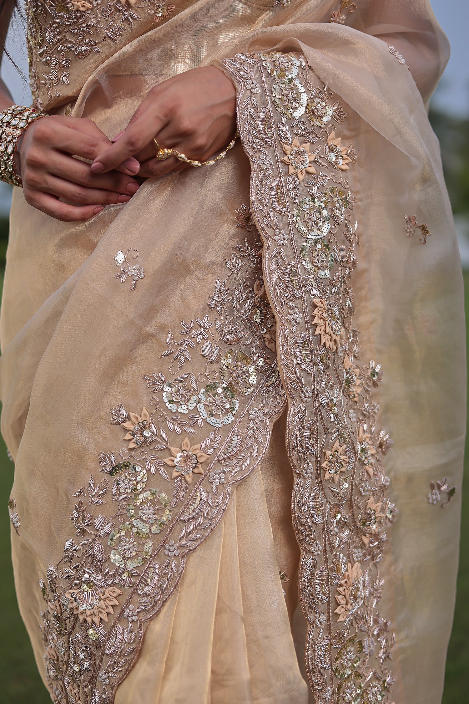 Golden Tissue Drape with Fine Zardozi, Dori & Thread Embellishment