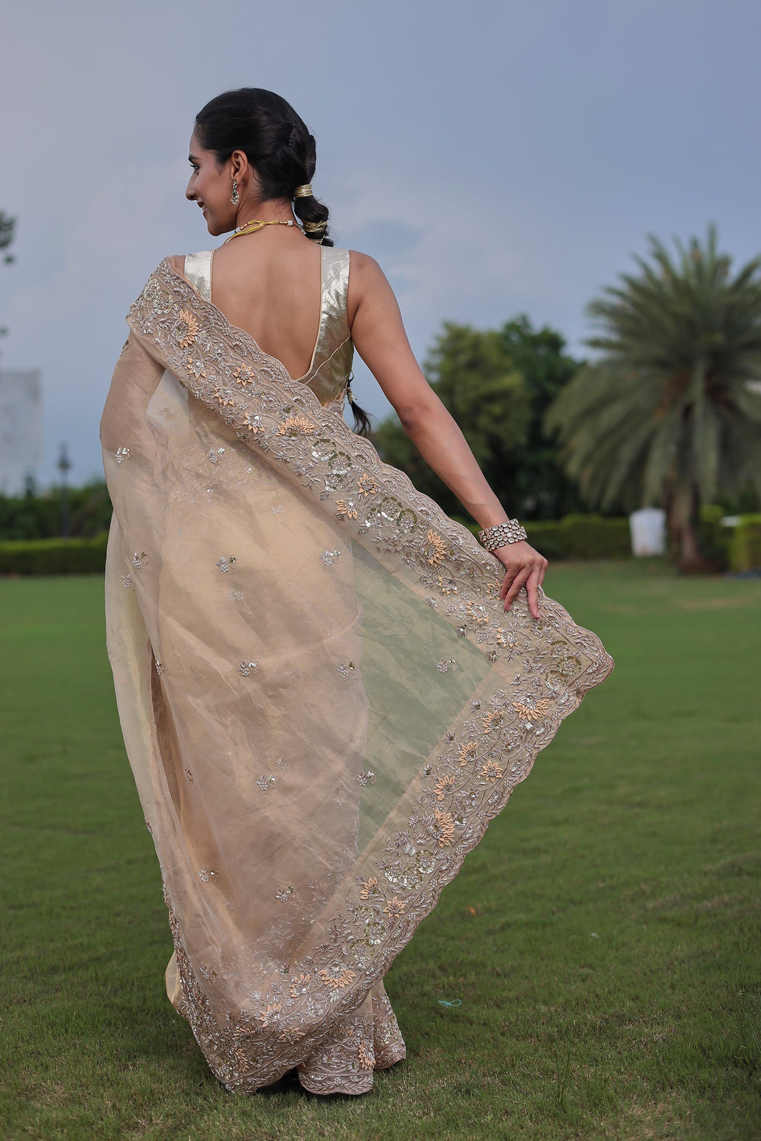 Golden Tissue Drape with Fine Zardozi, Dori & Thread Embellishment