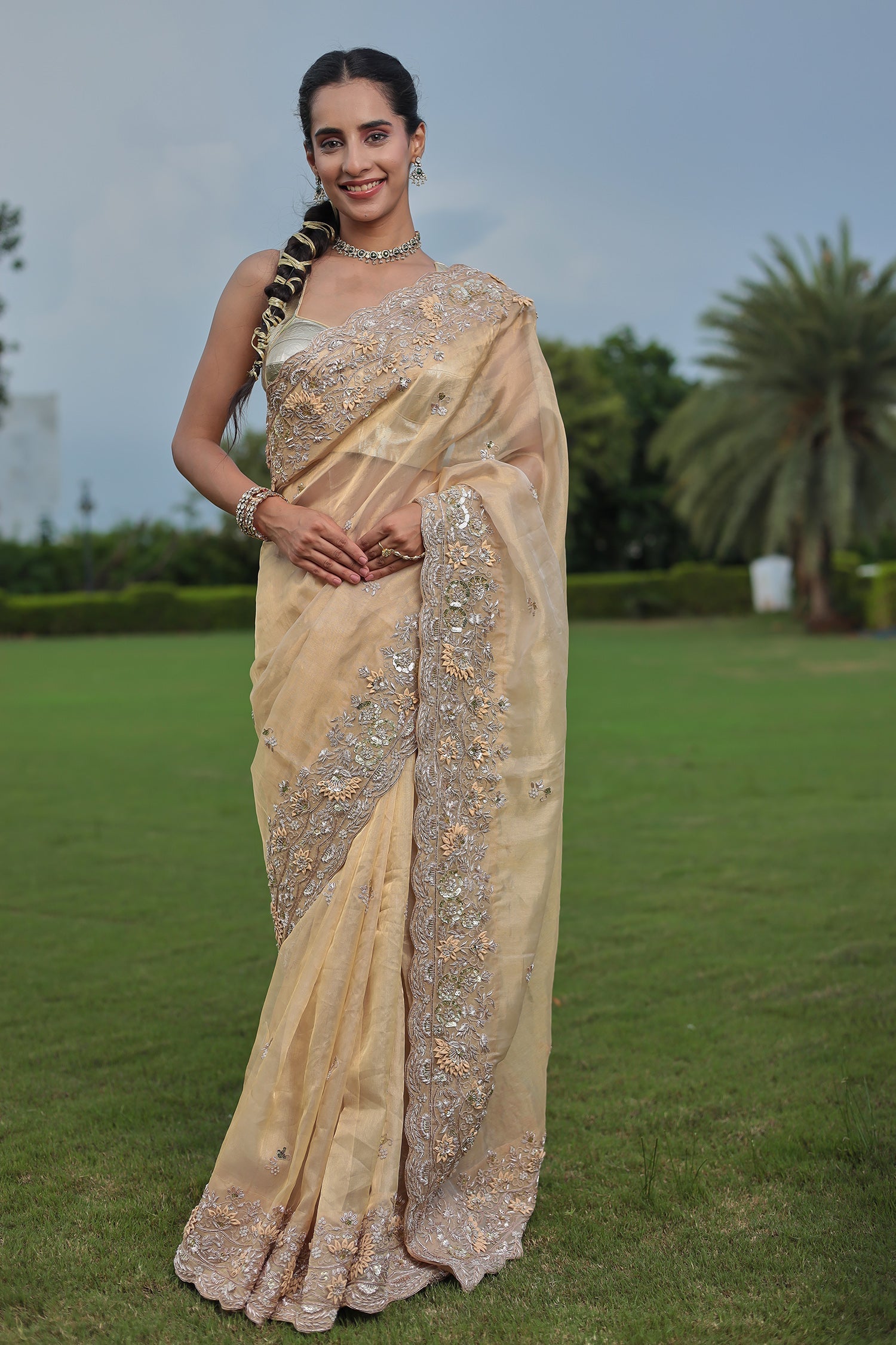 Golden Tissue Drape with Fine Zardozi, Dori & Thread Embellishment