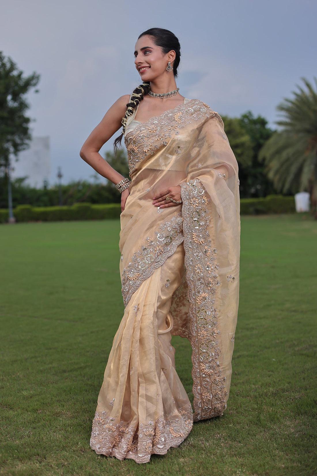 Golden Tissue Drape with Fine Zardozi, Dori & Thread Embellishment