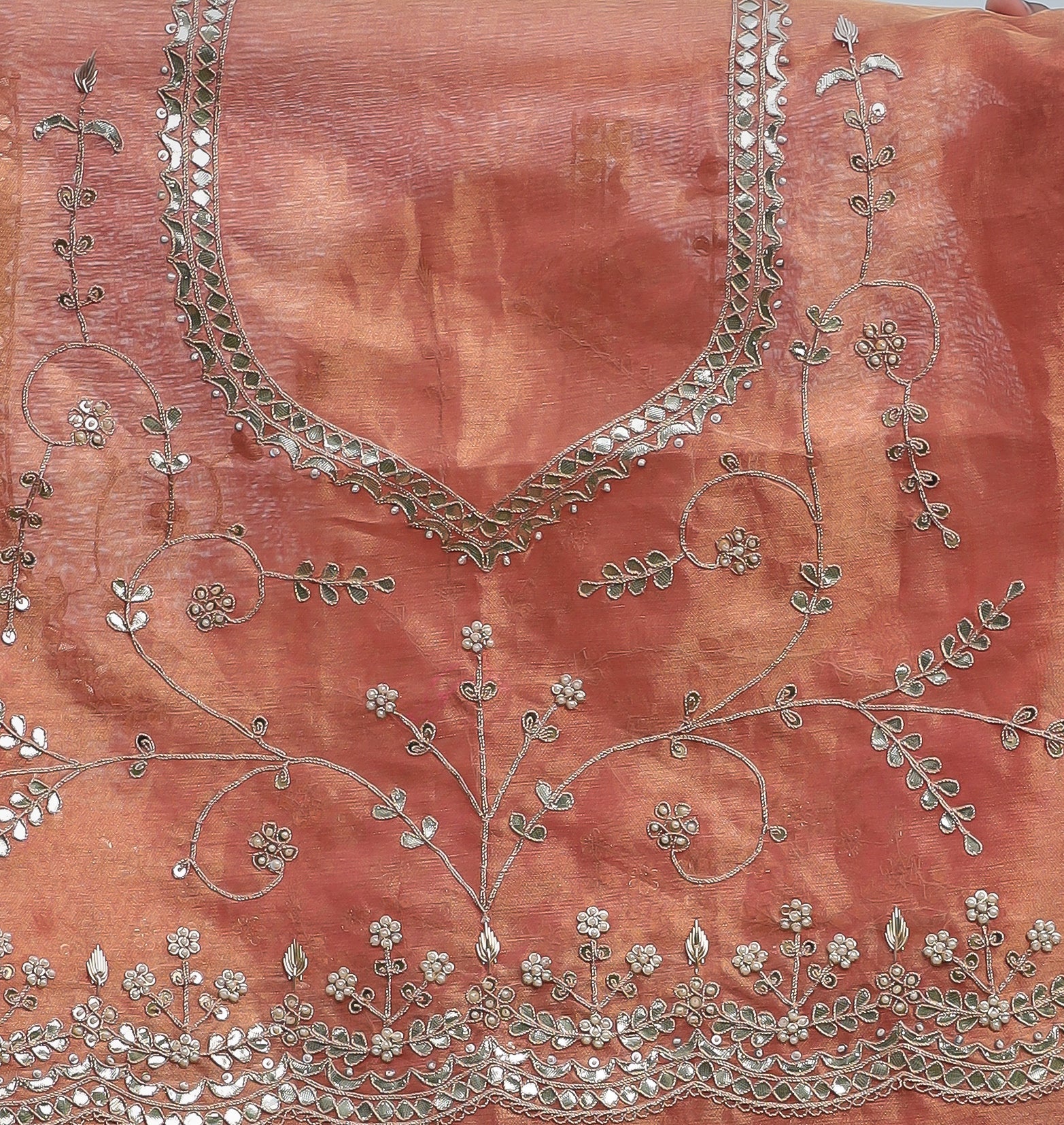 Luxurious Tissue Saree Featuring Pearl, Zardozi, Gota Patti Detailing